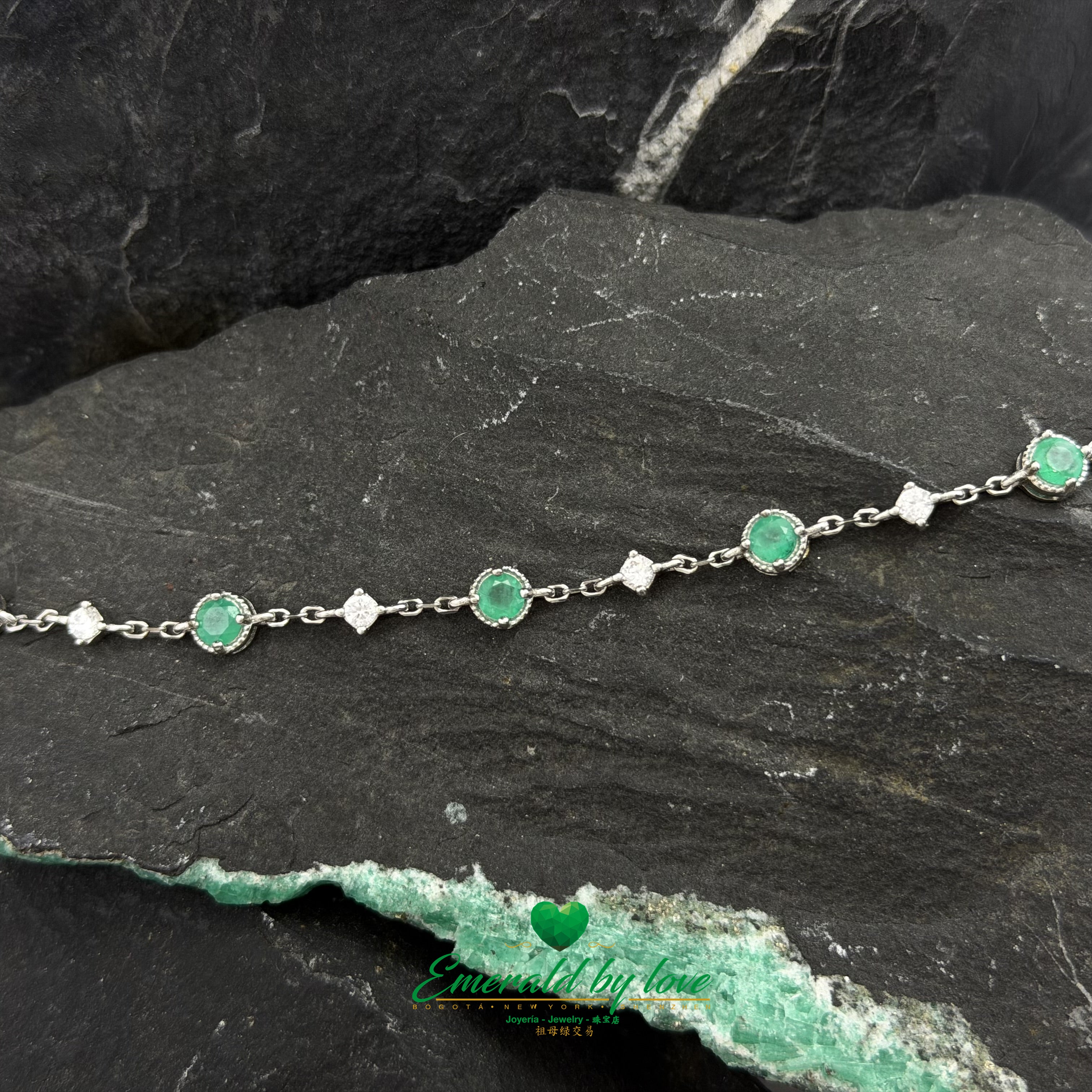 Sterling Silver Bracelet with Emerald and Zircon Charms