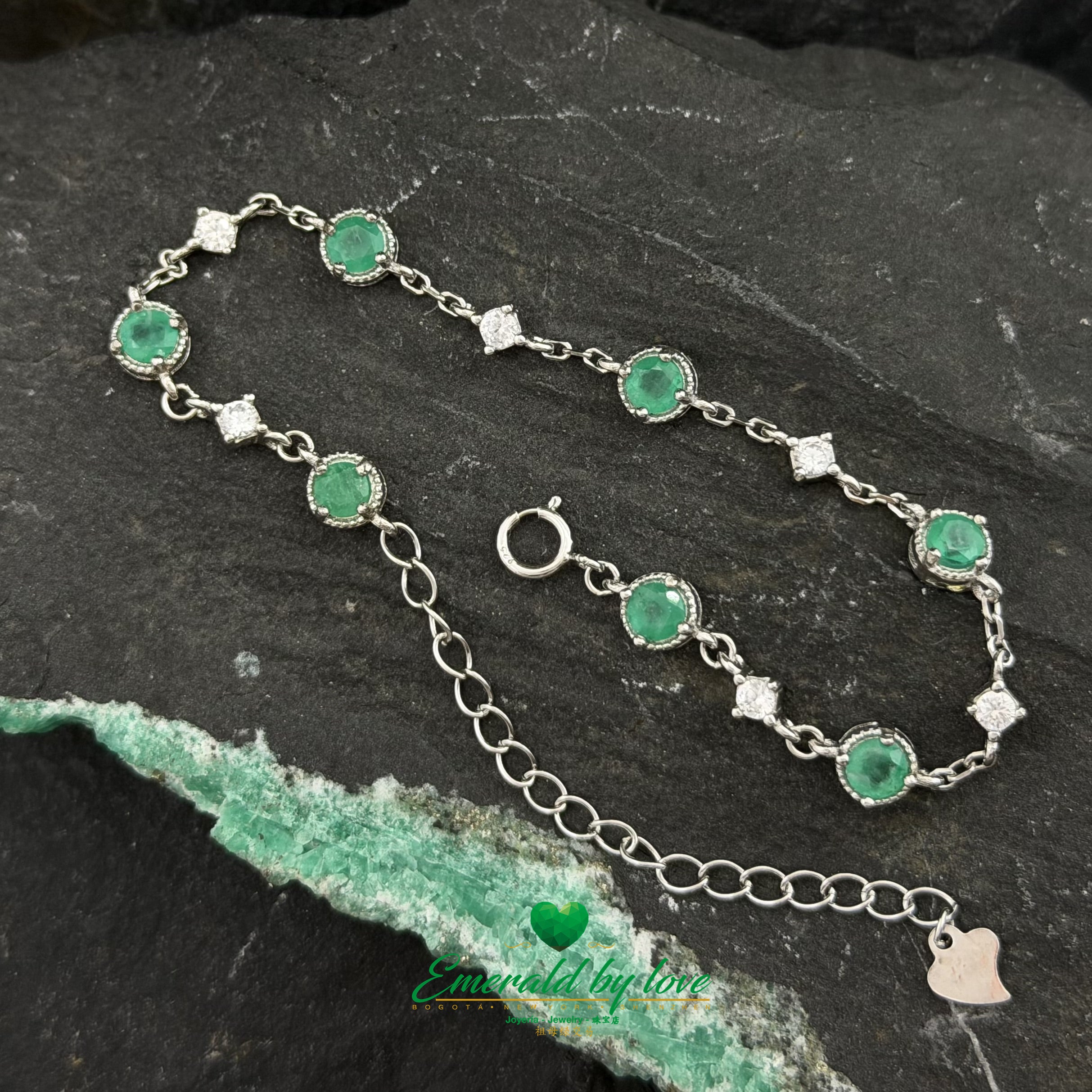 Sterling Silver Bracelet with Emerald and Zircon Charms