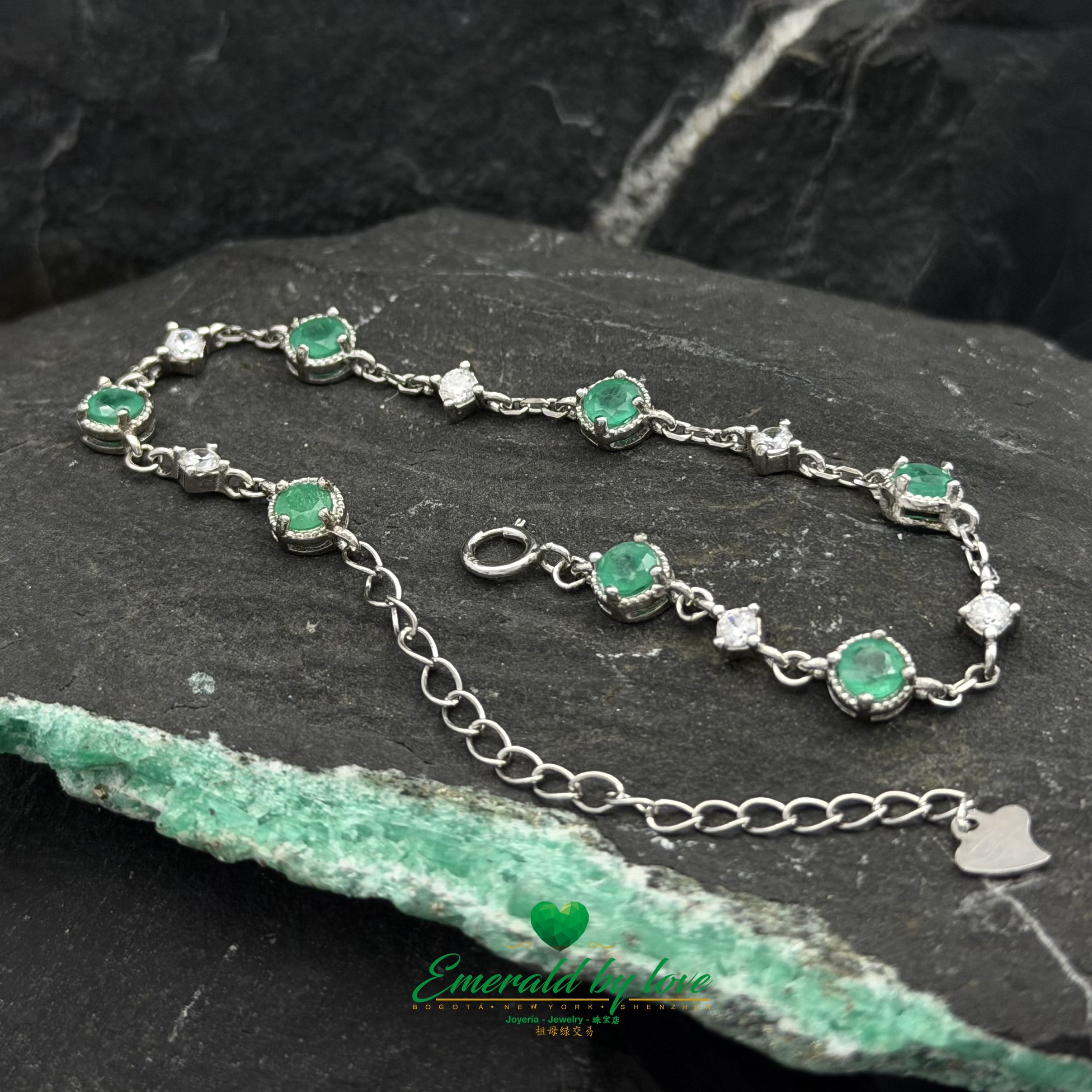 Sterling Silver Bracelet with Emerald and Zircon Charms