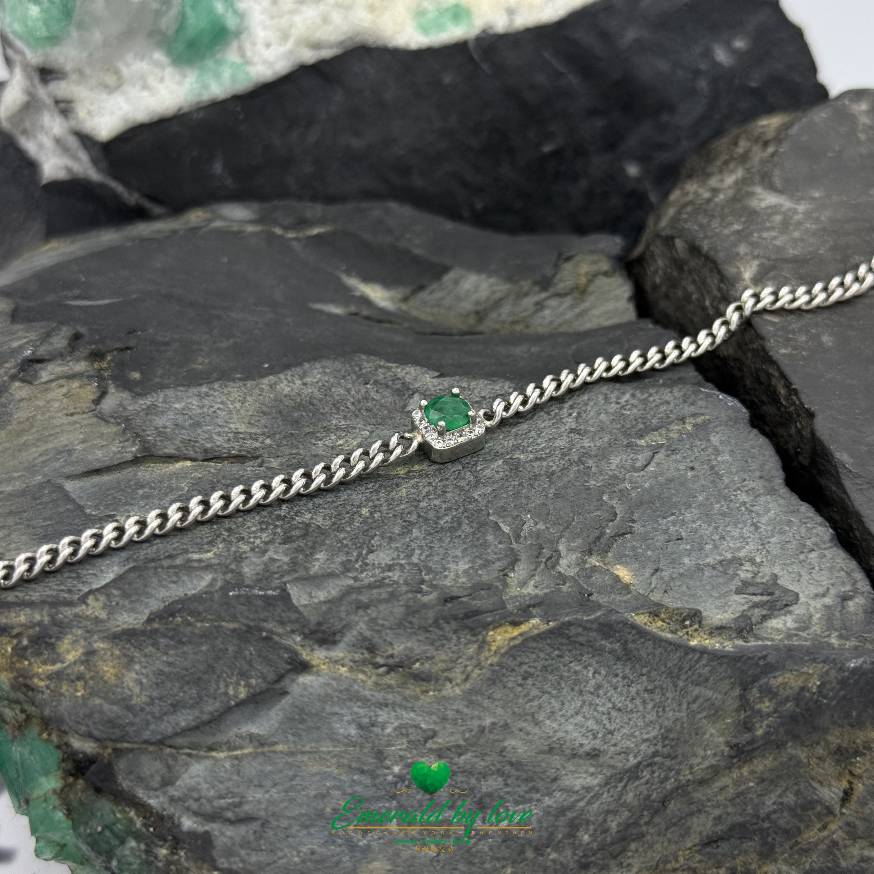 Sterling Silver Emerald Bracelet – Round Colombian Emerald in Square Zircon Halo Design