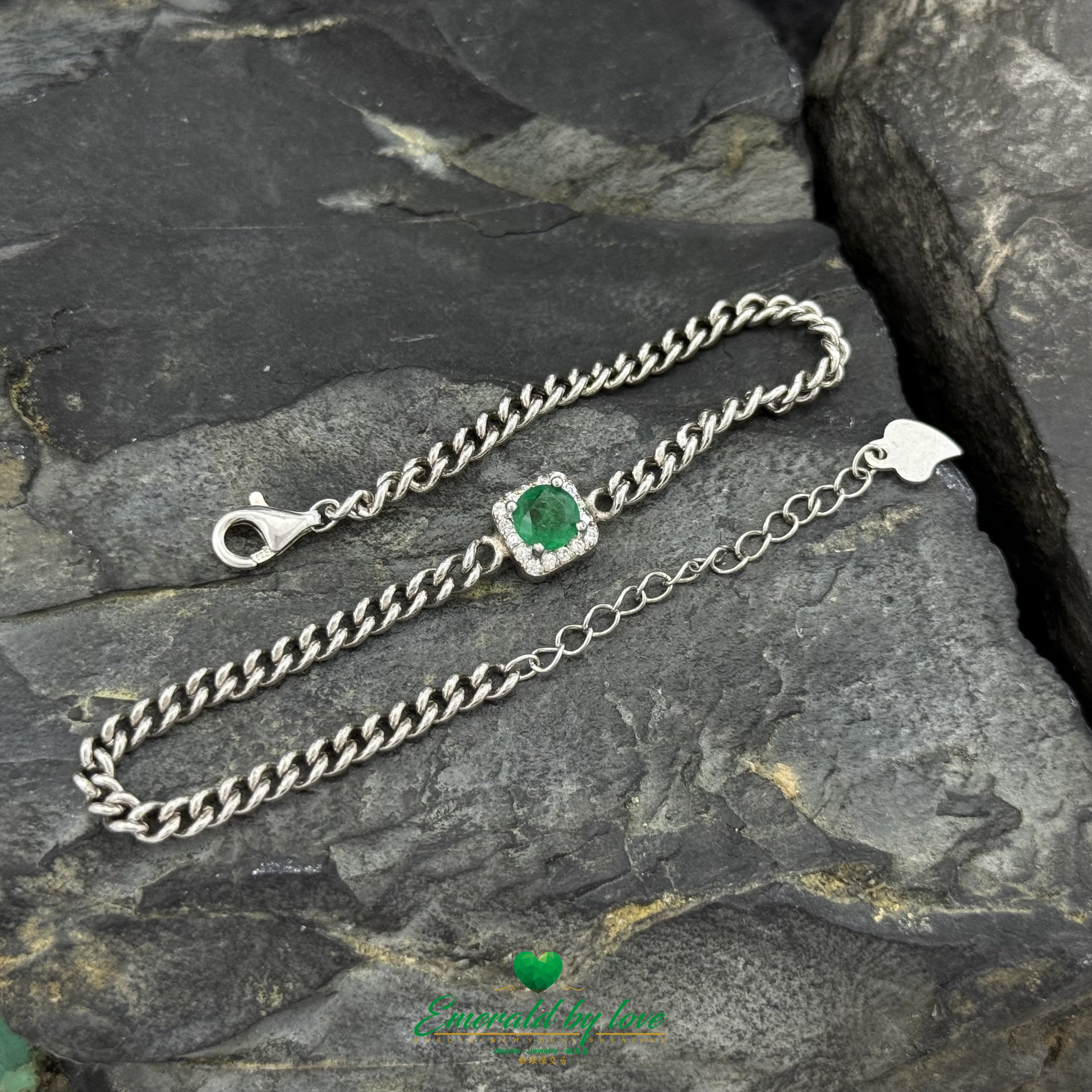 Sterling Silver Emerald Bracelet – Round Colombian Emerald in Square Zircon Halo Design