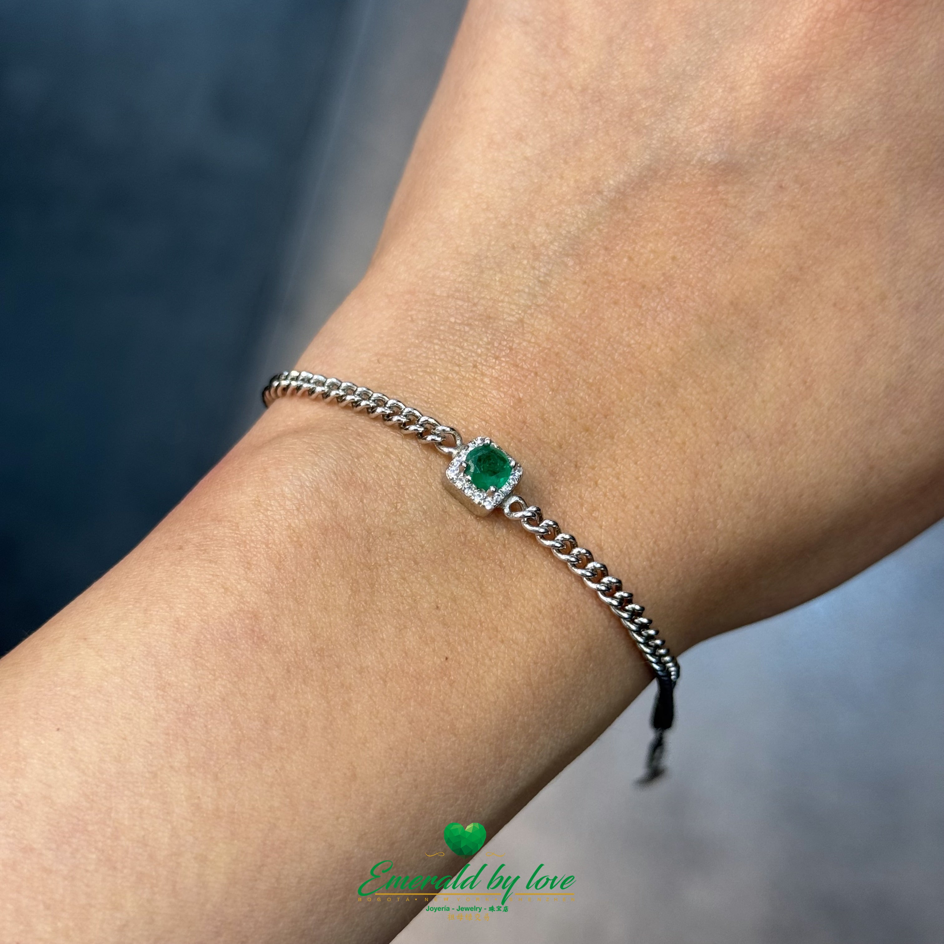 Sterling Silver Emerald Bracelet – Round Colombian Emerald in Square Zircon Halo Design