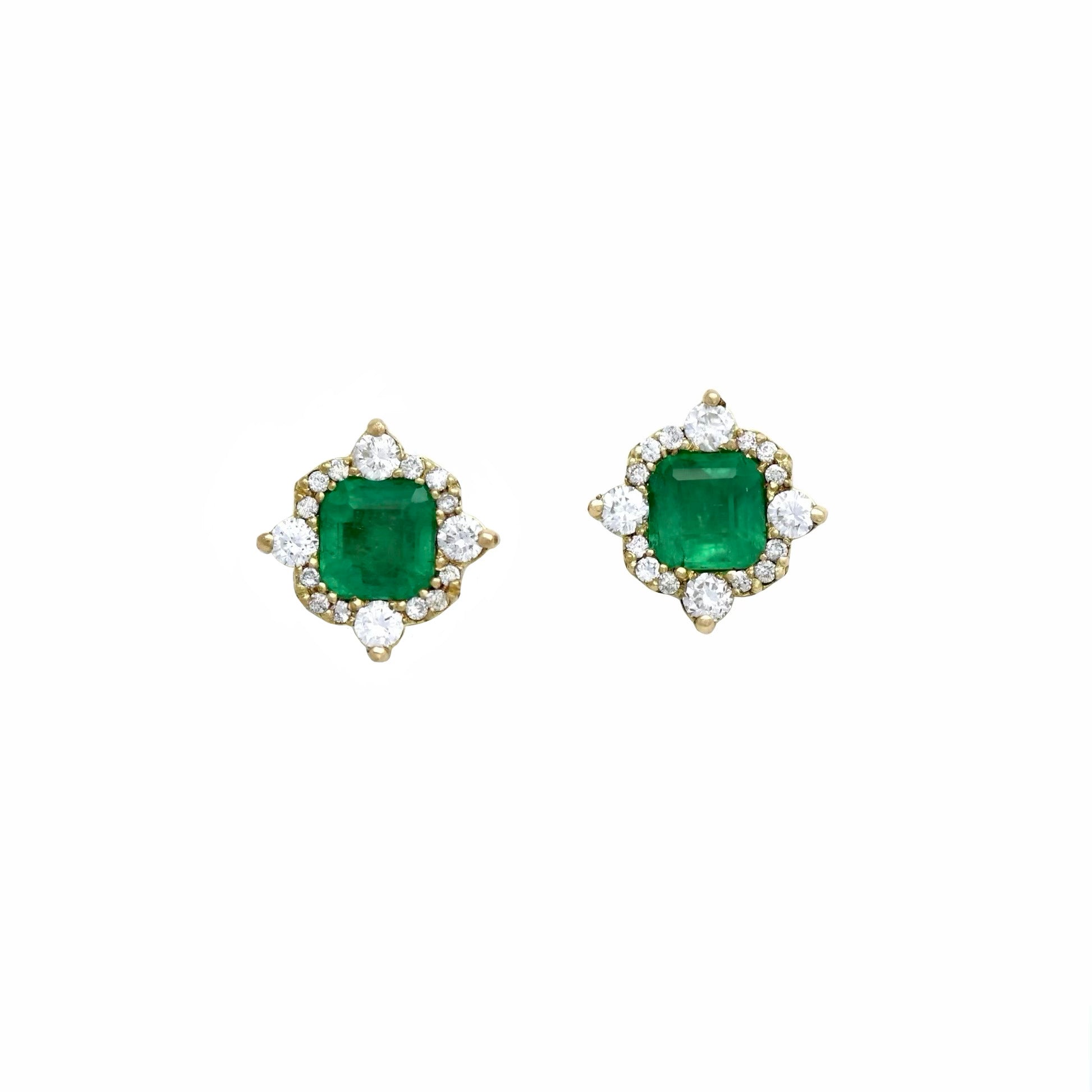 The vivid green of the emeralds contrasts beautifully with the warmth of the gold and the brilliance of the diamonds, making these earrings perfect for both special occasions and timeless everyday luxury.