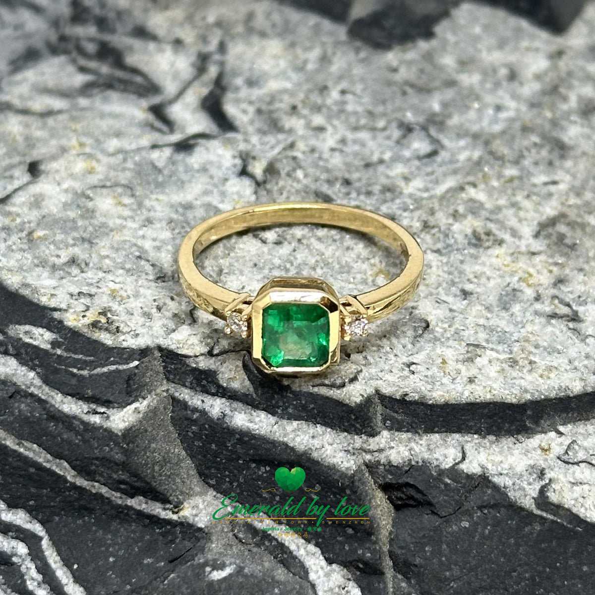 Bezel-Set Square Emerald Ring in 18K Yellow Gold with Diamond Accents