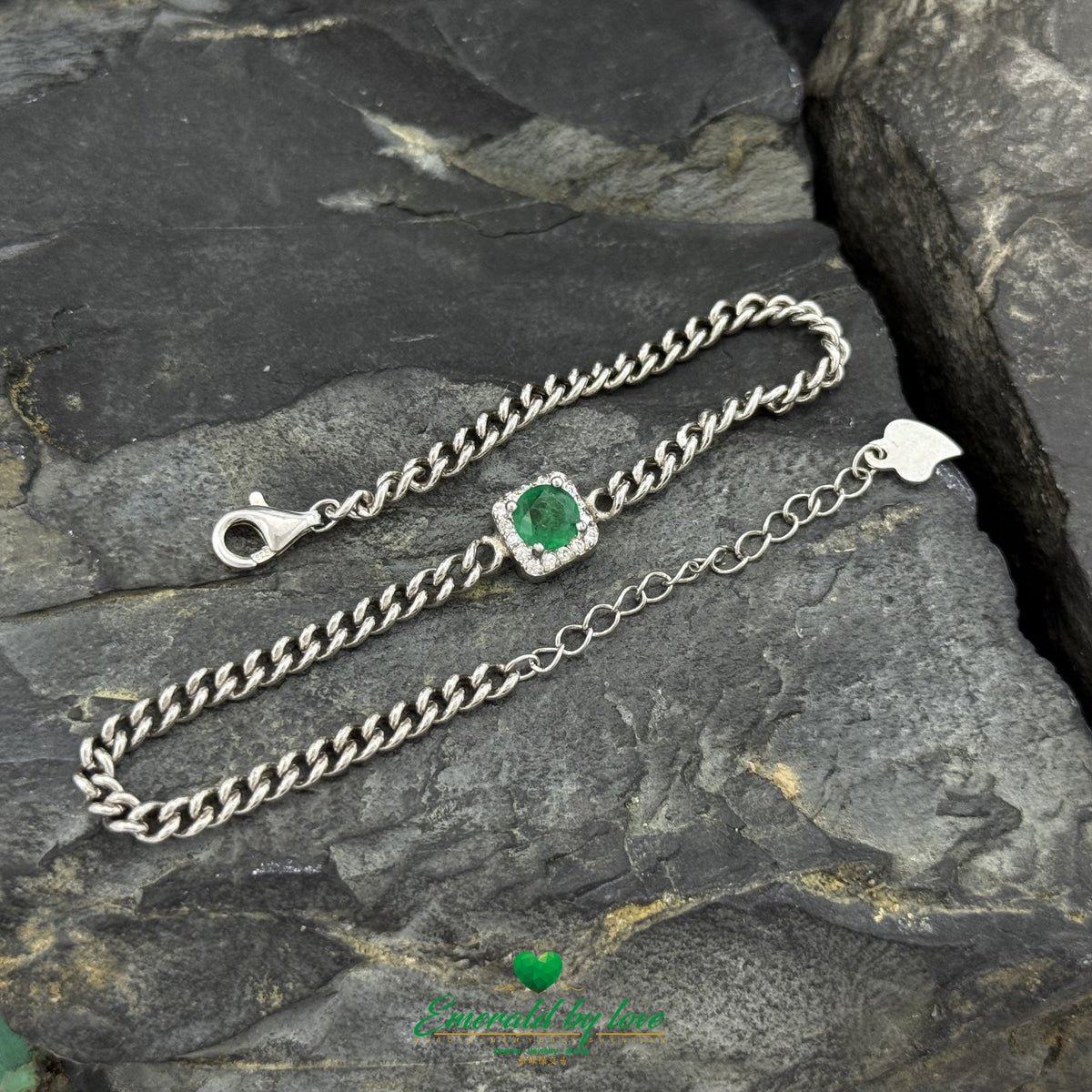 Colombian Emerald Bracelet with Square Zircon Frame in 925 Sterling Silver