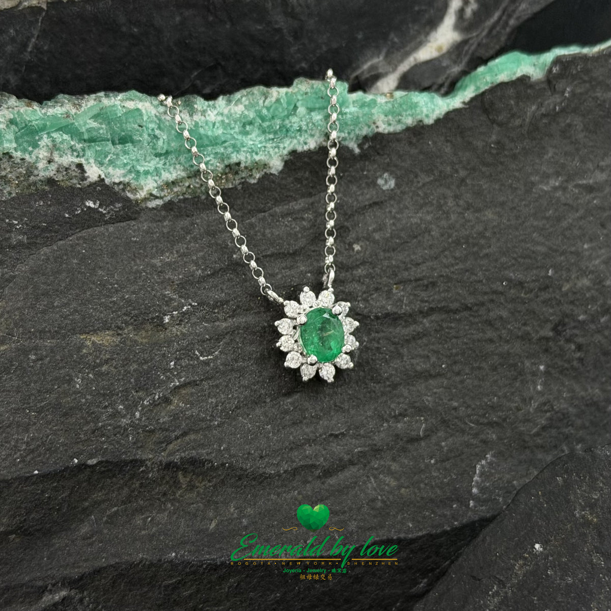 Colombian Emerald and Diamond Flower Pendant in White Gold