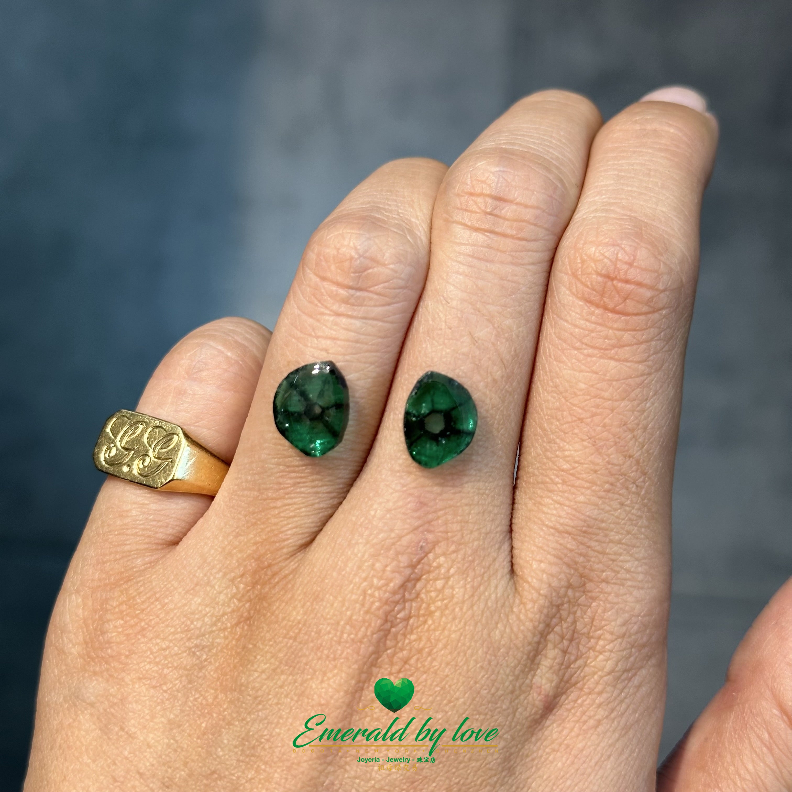 Set of two trapiche emeralds with striking geometric patterns, mined in Colombia