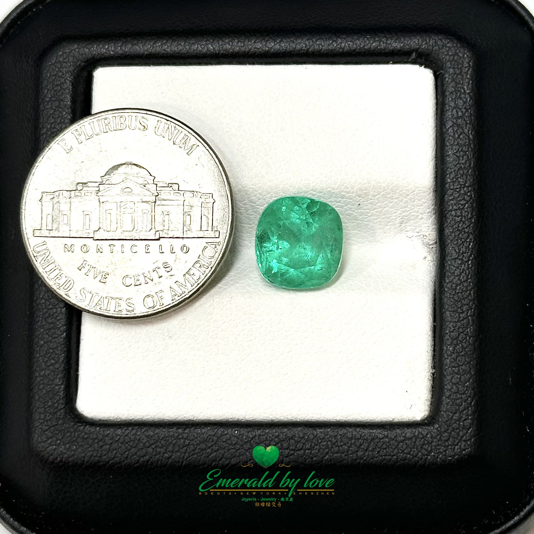 Genuine Colombian emerald weighing 3.43 ct with soft cushion shape and radiant green glow