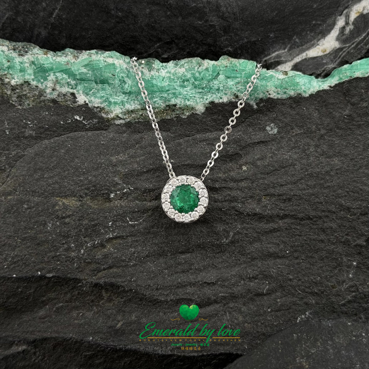 Donut-Style Emerald and Diamond Pendant in White Gold