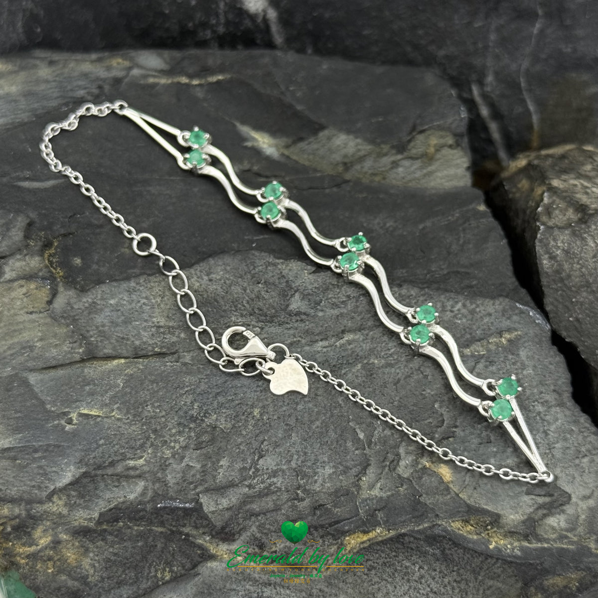 Double-Row Arabesque Bracelet with Round Emerald Crystals in 925 Silver