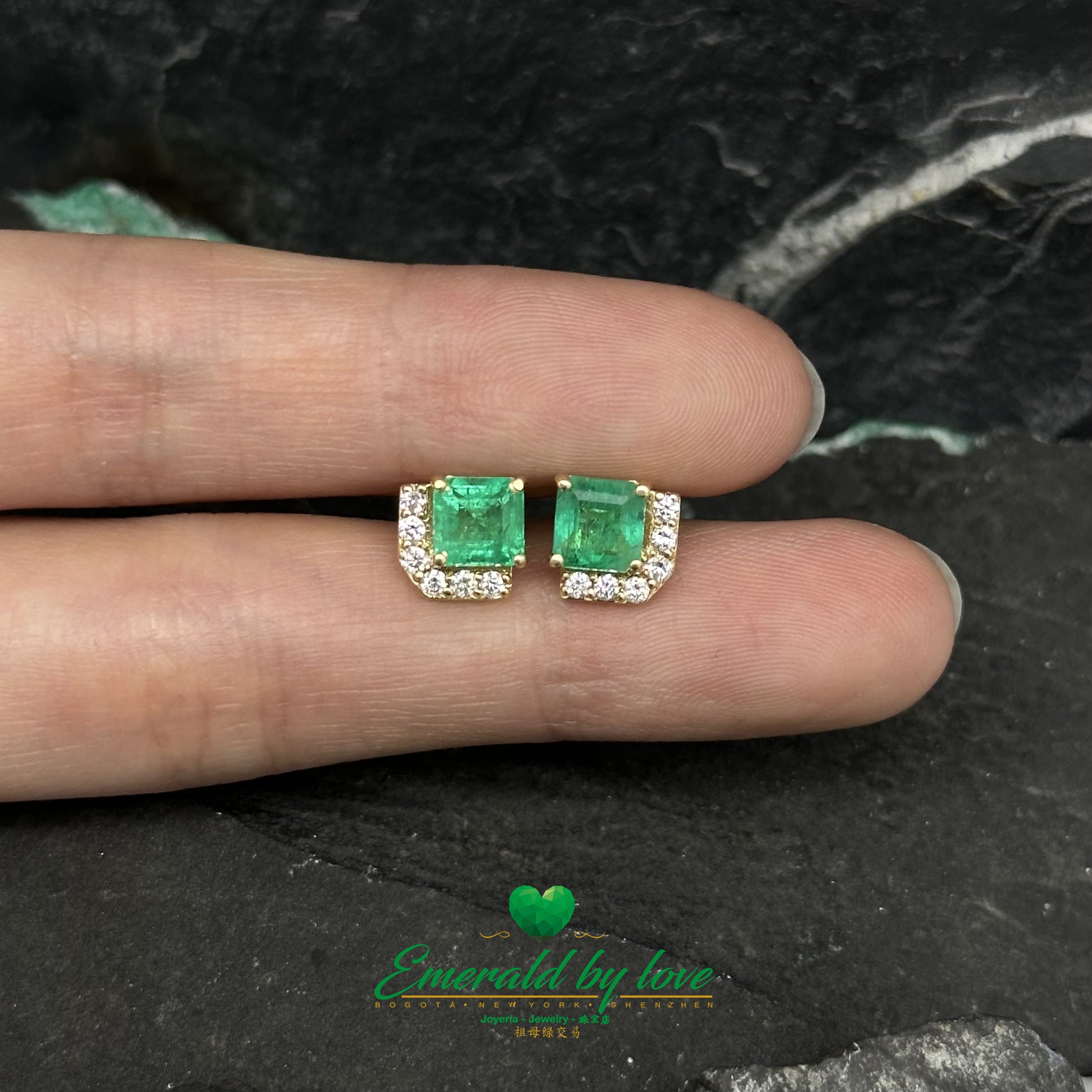 Minimalist Yellow Gold Earrings: 1.45 TCW Colombian Emeralds and 0.18 CT Diamonds