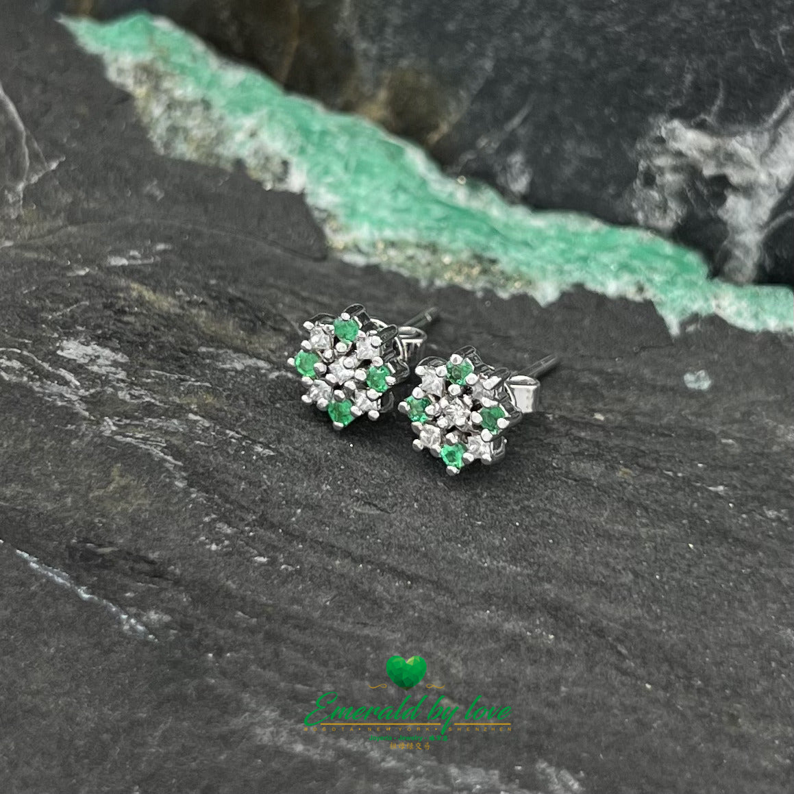 White Gold Stud Earrings with Round Emeralds and Diamonds