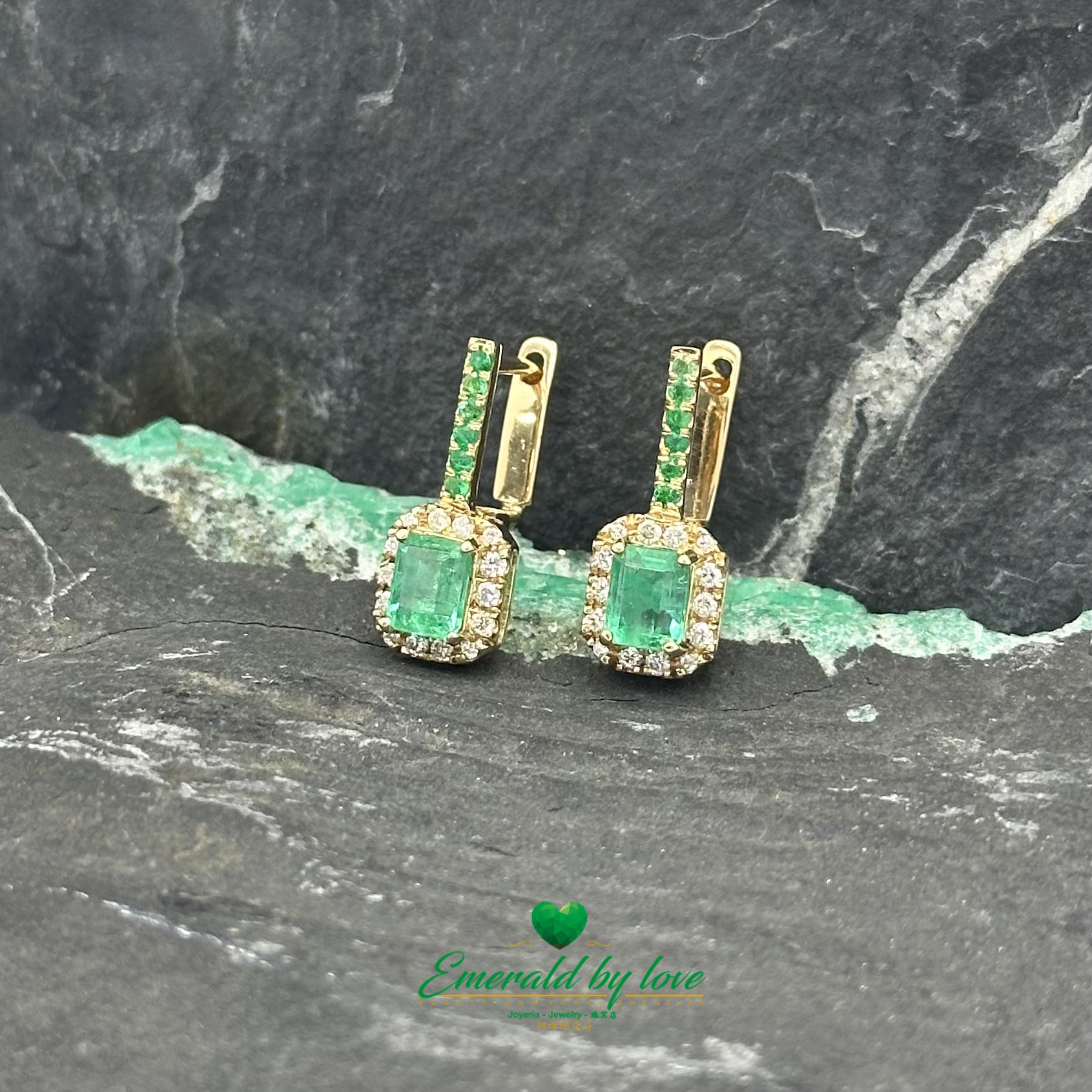 Yellow Gold Hoop Earrings with Emeralds and Marquise-cut Emerald Surrounded by Diamonds