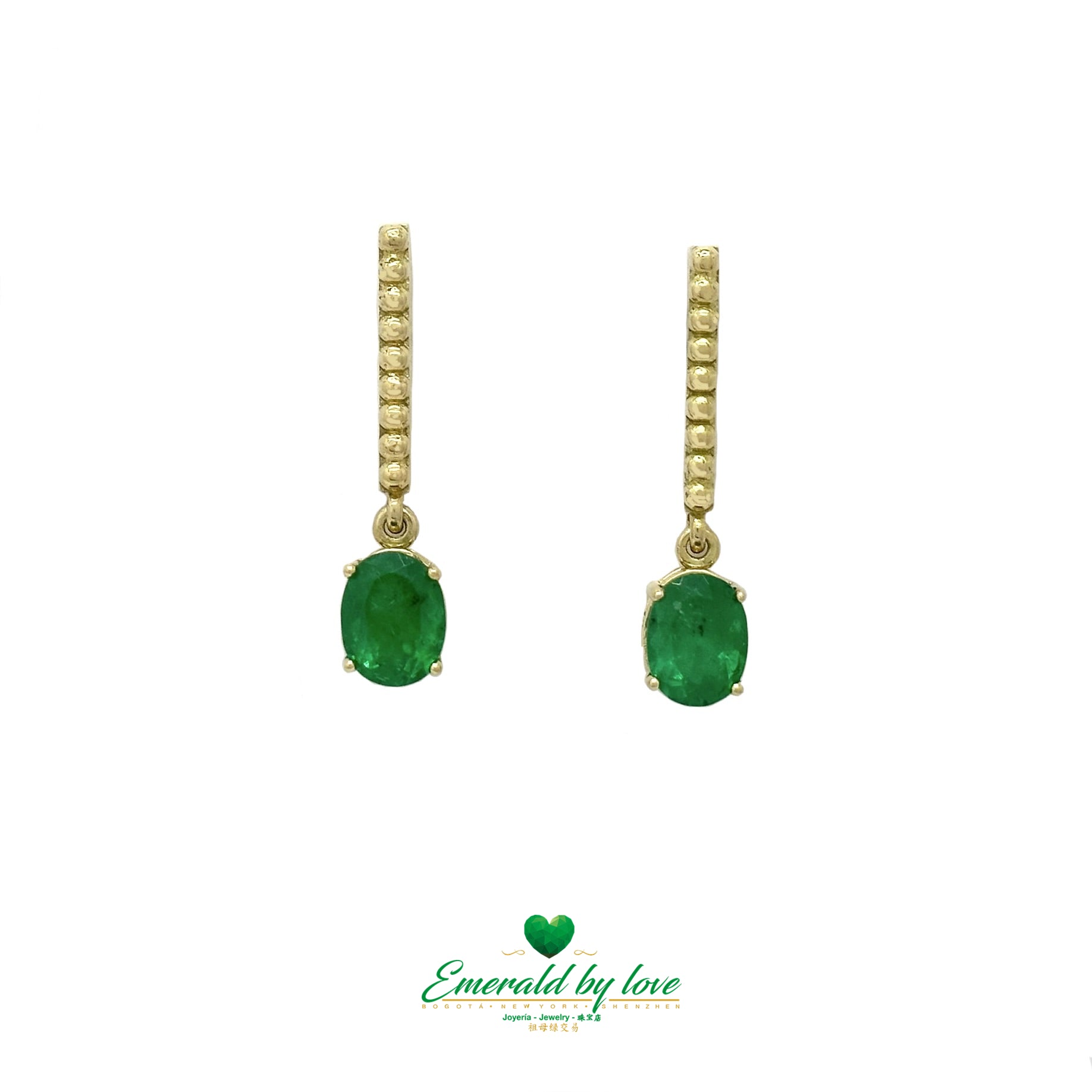 Golden Elegance: Oval Emerald Long Earrings with Round Textured Design