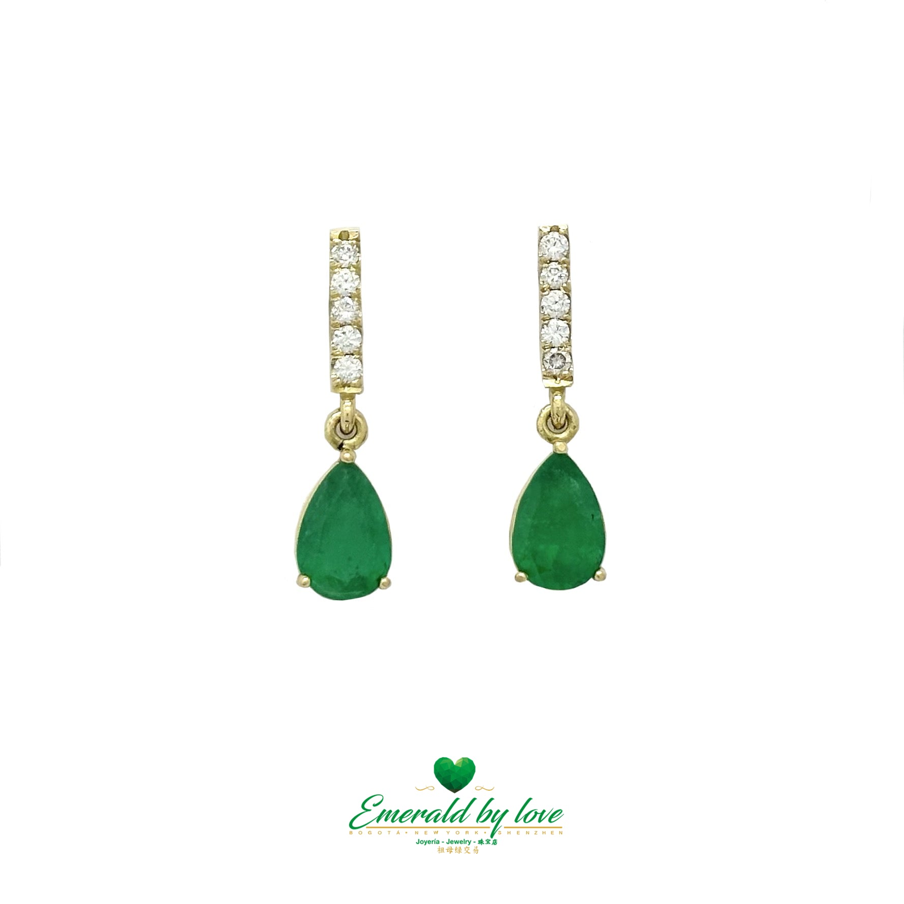 Elongated Yellow Gold Earrings Adorned with Diamond and Emerald Teardrop Accents