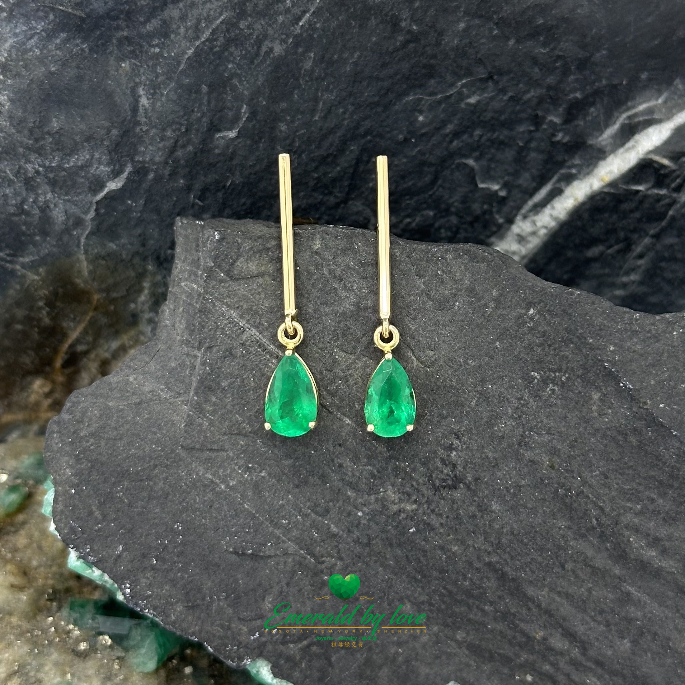 Long Yellow Gold Earrings with Teardrop Emeralds