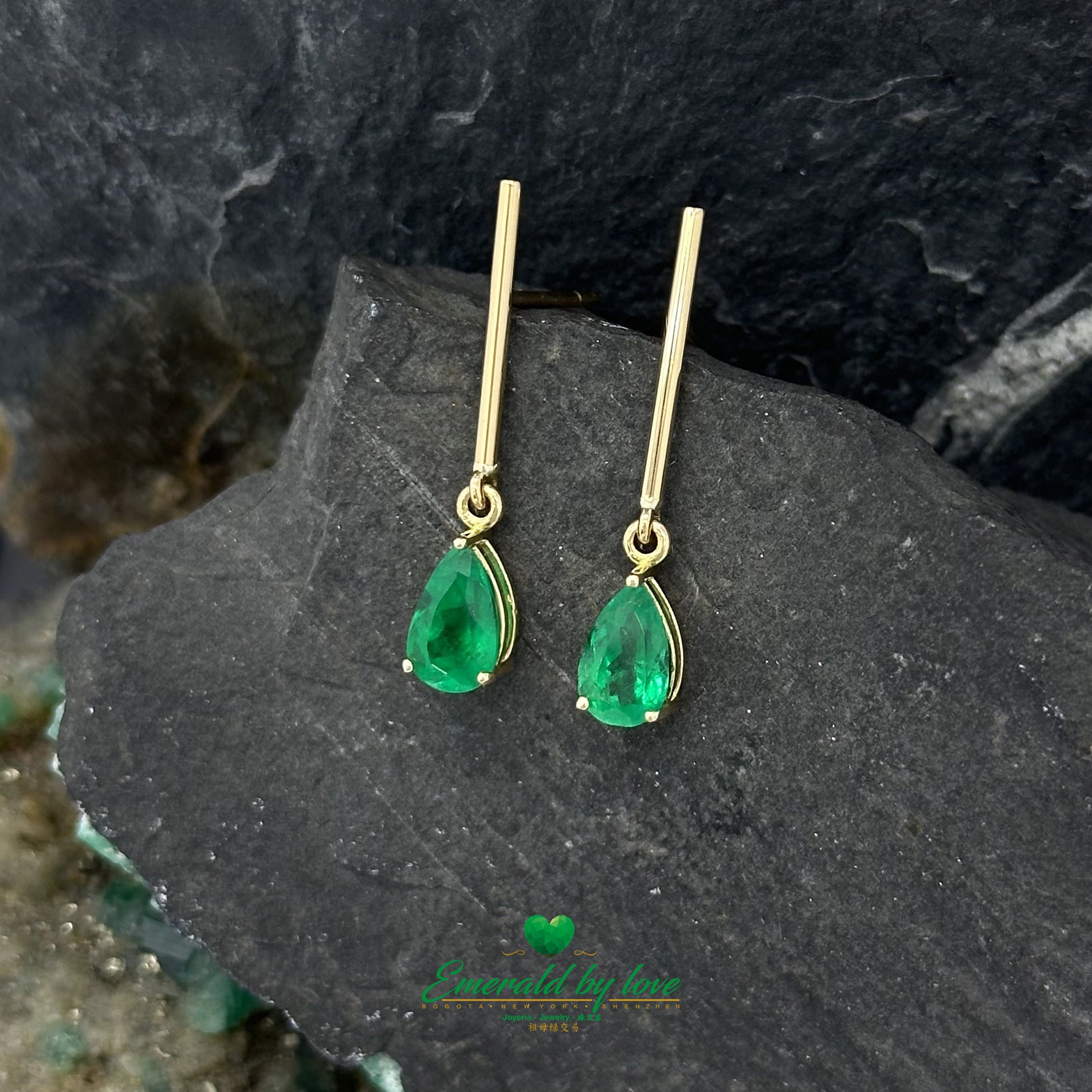 Long Yellow Gold Earrings with Teardrop Emeralds