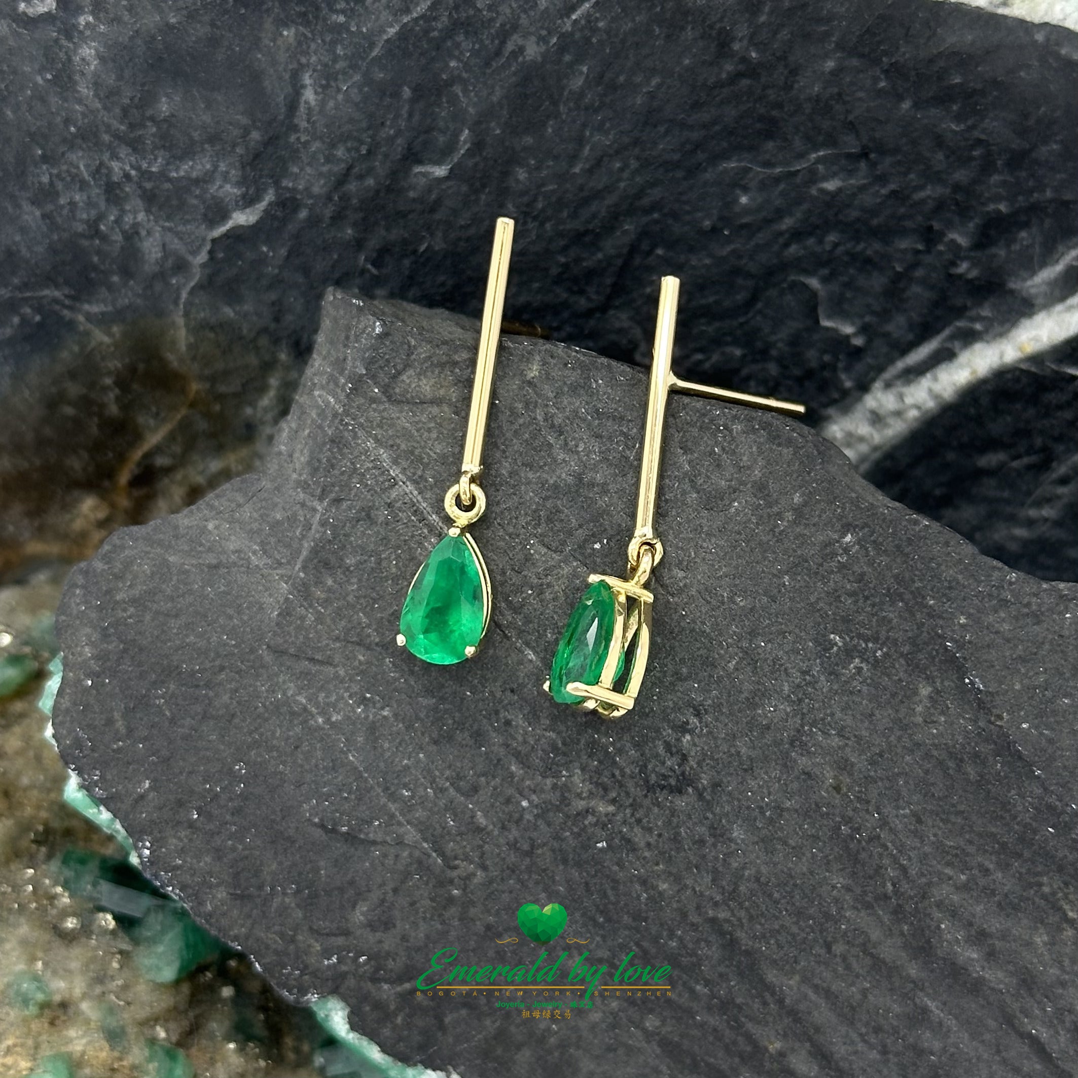 Long Yellow Gold Earrings with Teardrop Emeralds