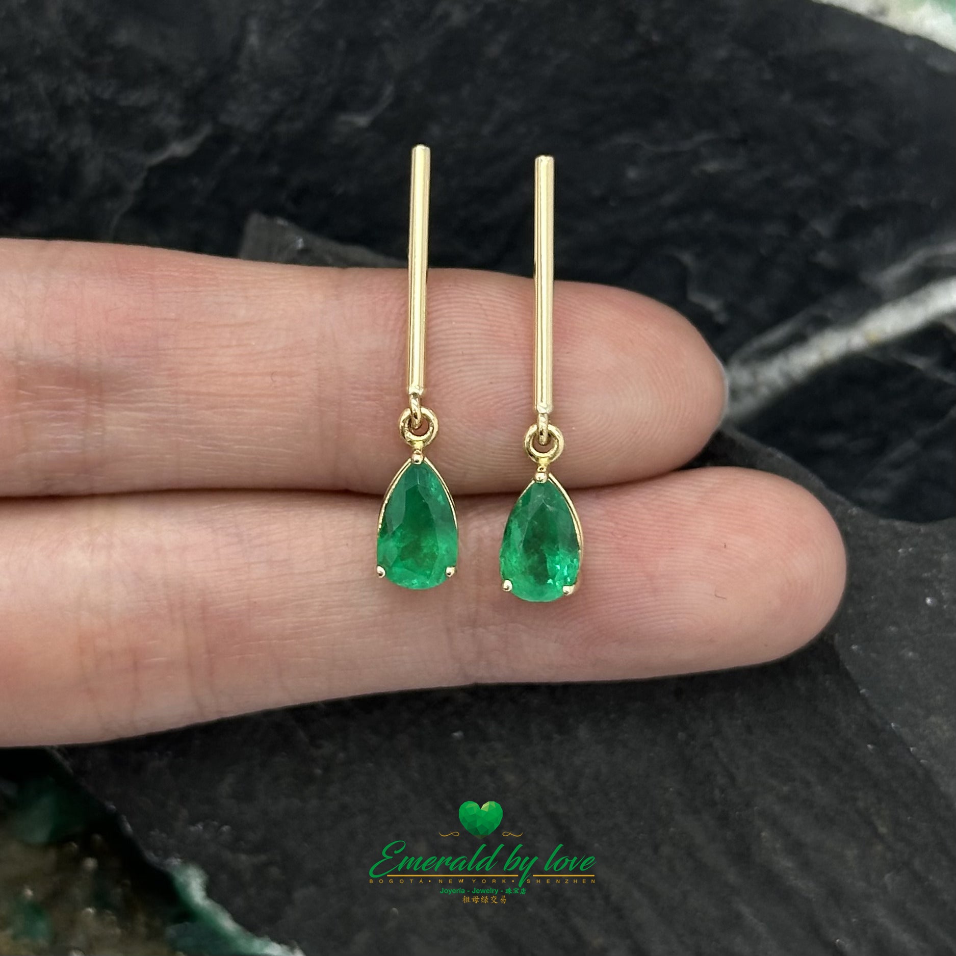 Long Yellow Gold Earrings with Teardrop Emeralds