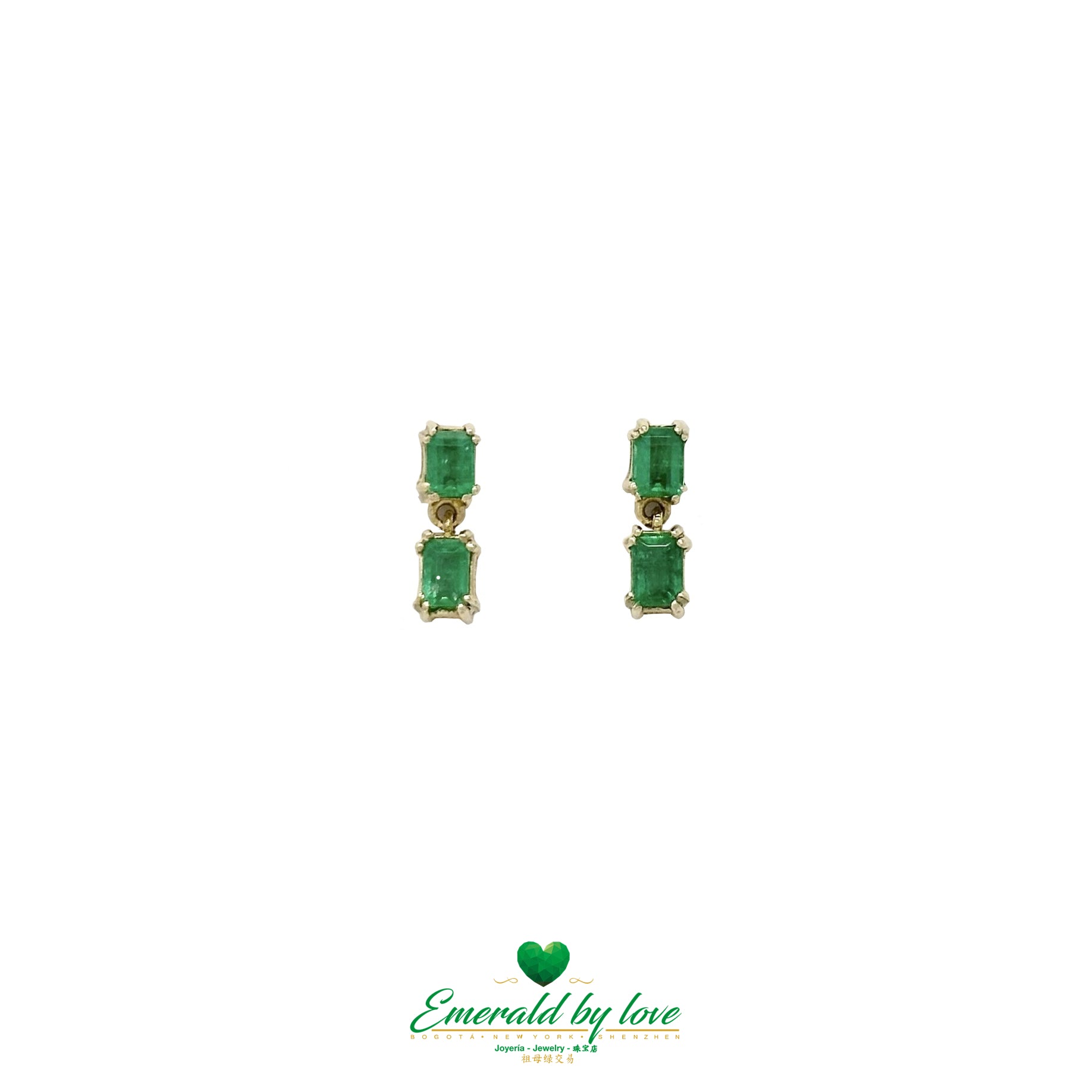 Double Baguette Colombian Emerald Drop Earrings in 18K Yellow Gold