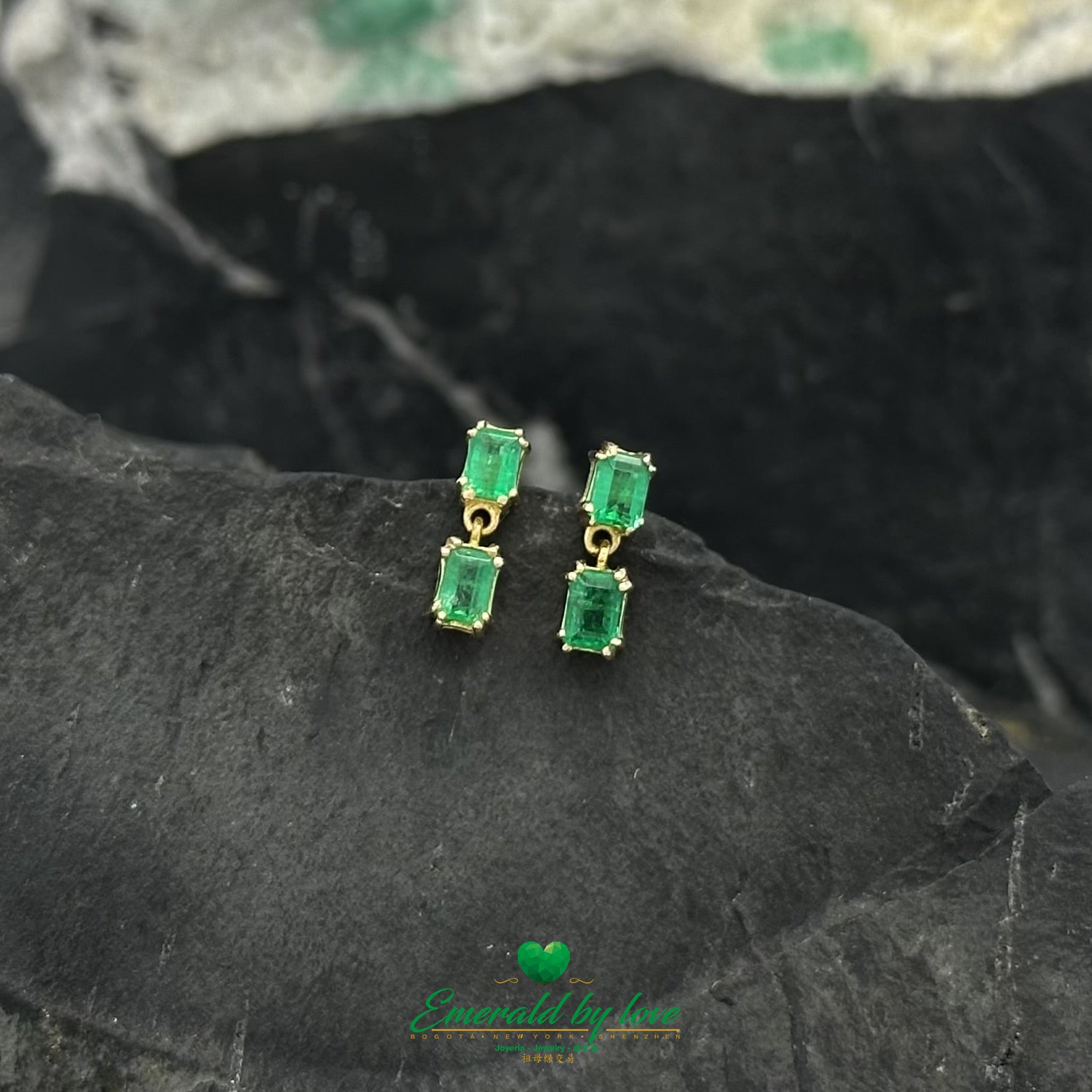 Double Baguette Colombian Emerald Drop Earrings in 18K Yellow Gold