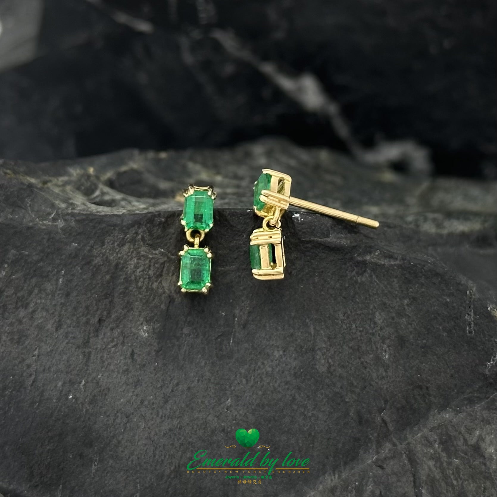 Double Baguette Colombian Emerald Drop Earrings in 18K Yellow Gold