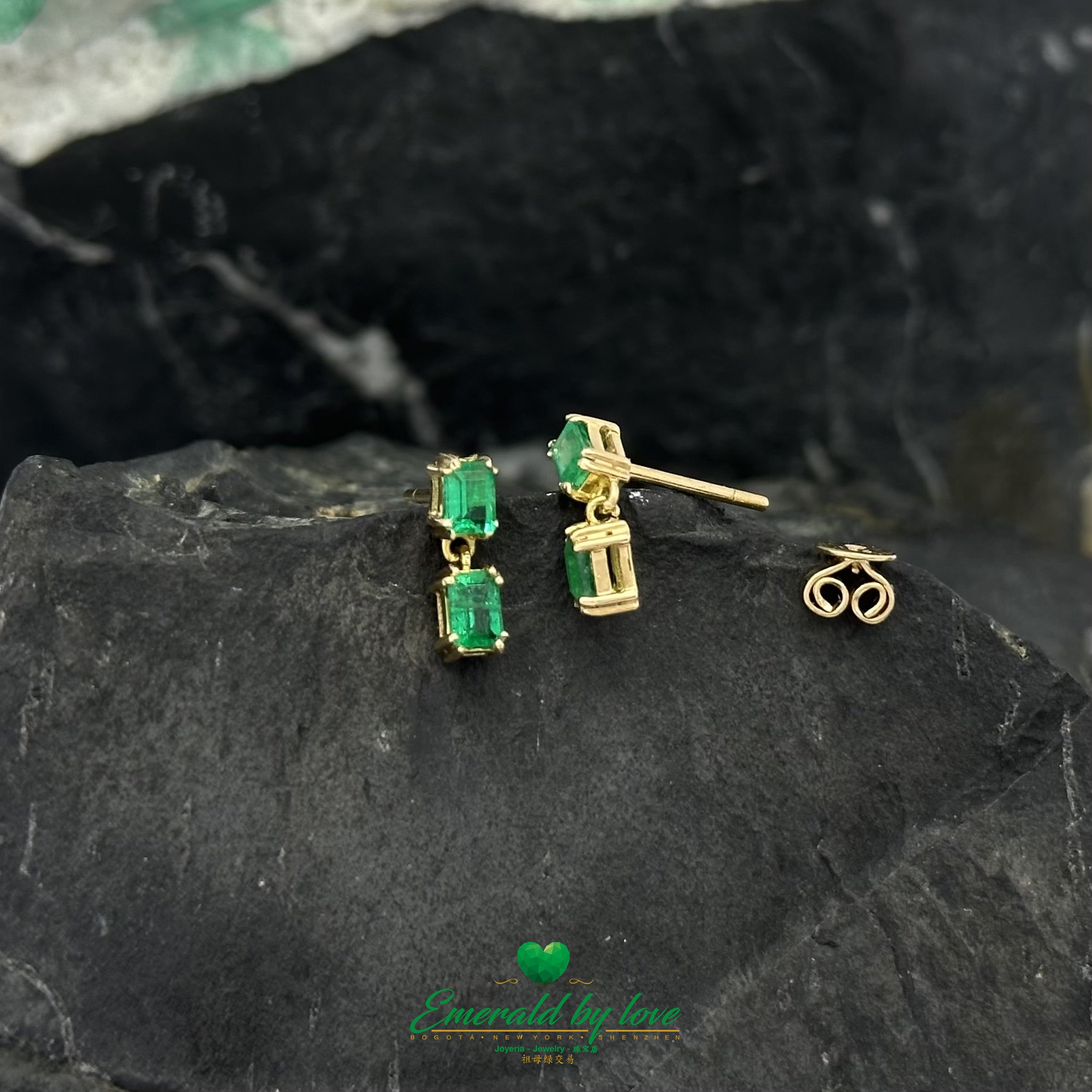Double Baguette Colombian Emerald Drop Earrings in 18K Yellow Gold