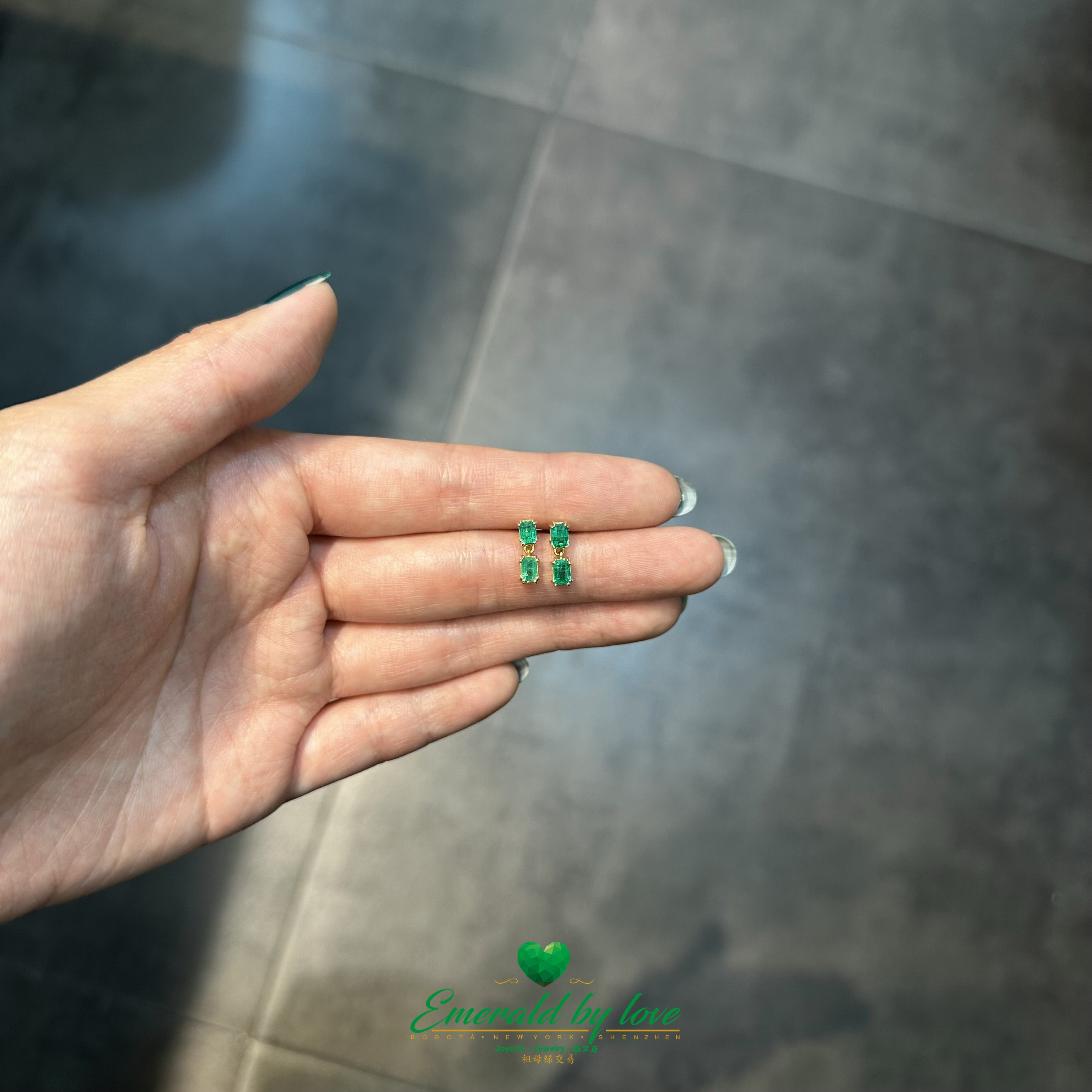 Double Baguette Colombian Emerald Drop Earrings in 18K Yellow Gold