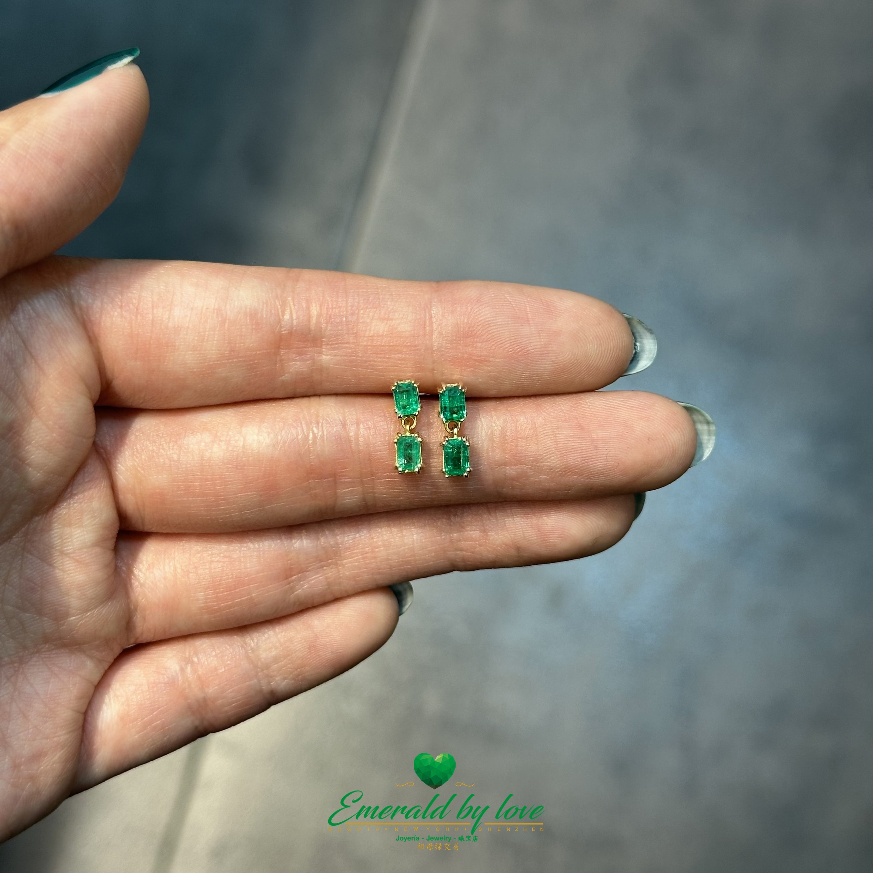 Double Baguette Colombian Emerald Drop Earrings in 18K Yellow Gold