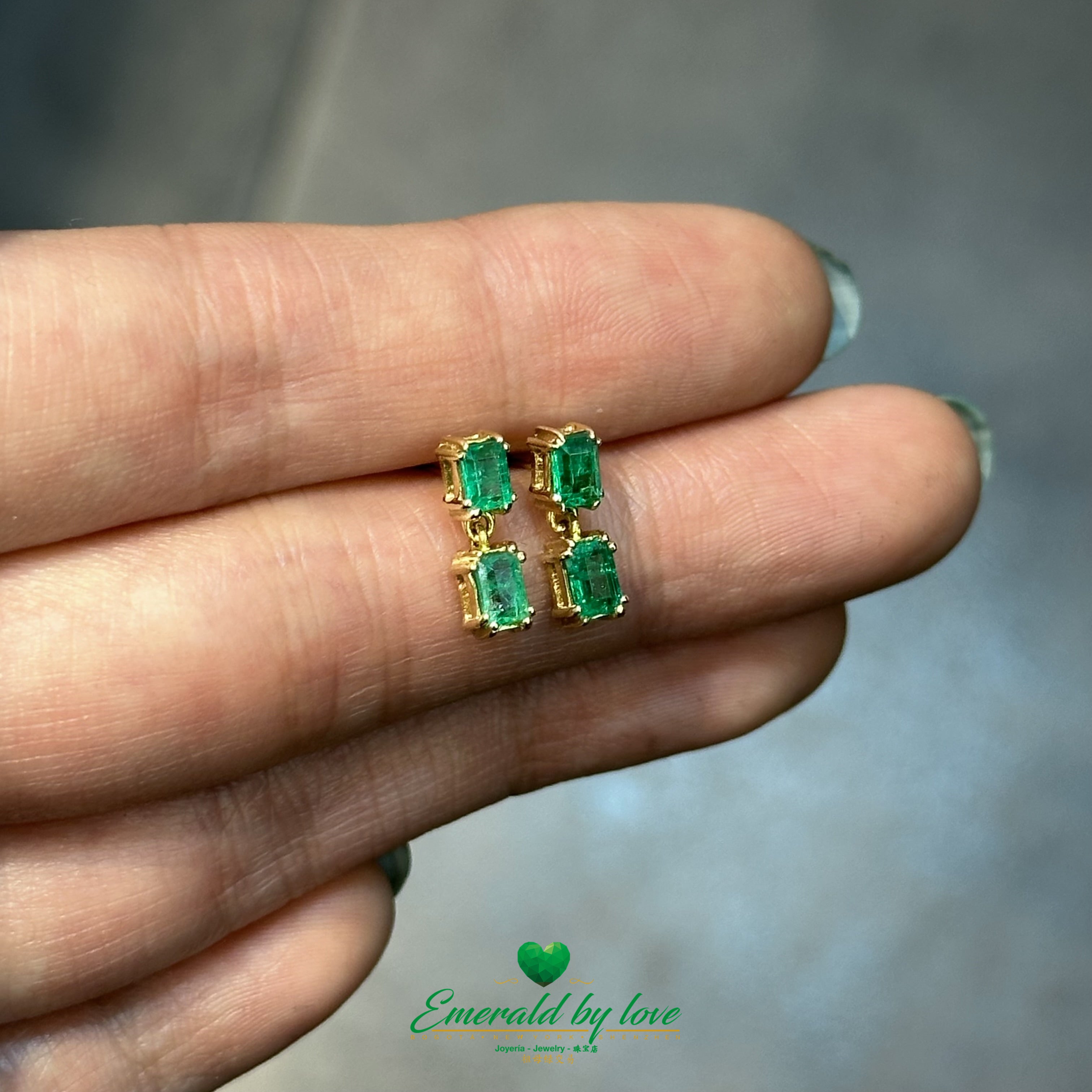 Double Baguette Colombian Emerald Drop Earrings in 18K Yellow Gold