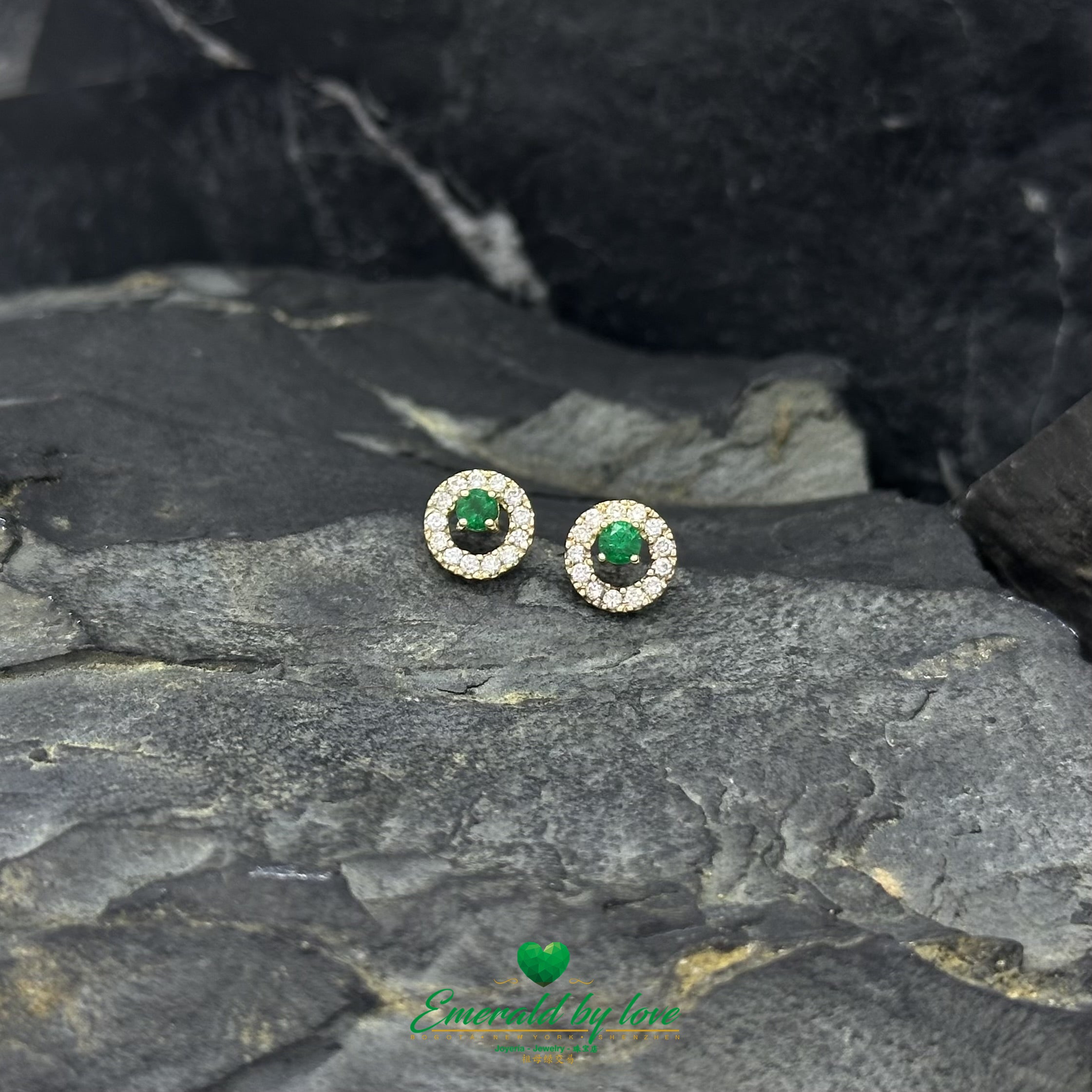 Round Emerald and Diamond Halo Earrings in 18K Yellow Gold