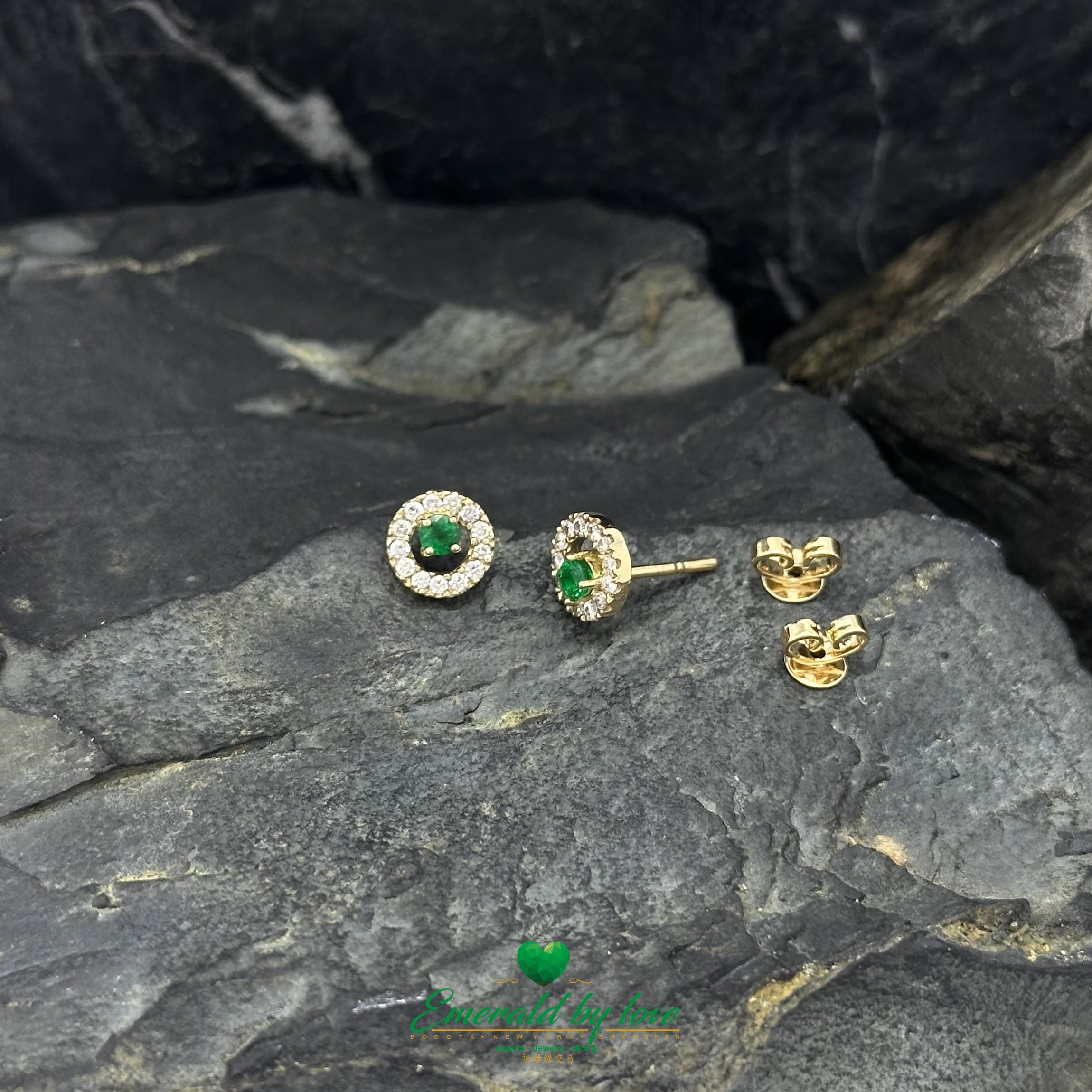 Round Emerald and Diamond Halo Earrings in 18K Yellow Gold
