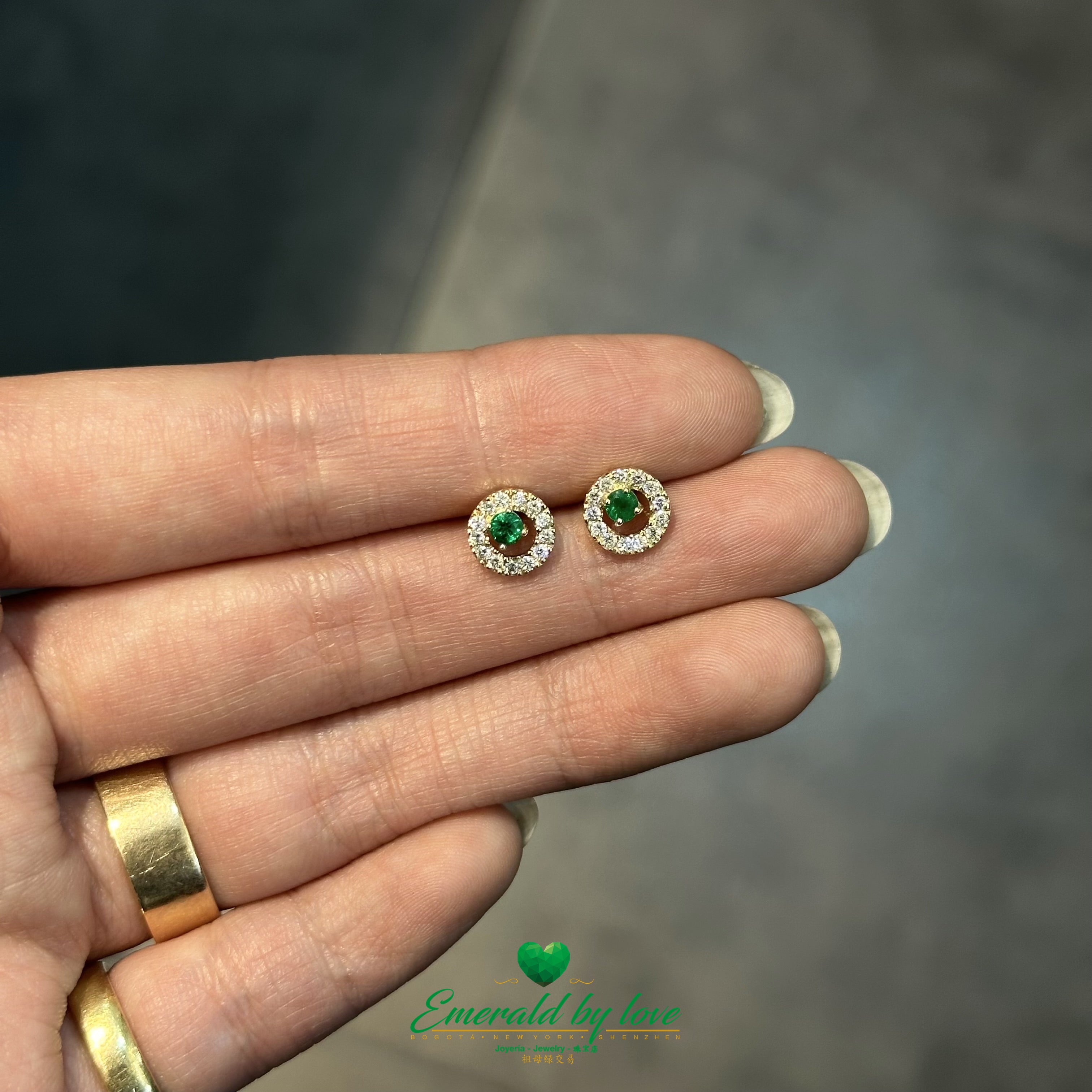 Round Emerald and Diamond Halo Earrings in 18K Yellow Gold