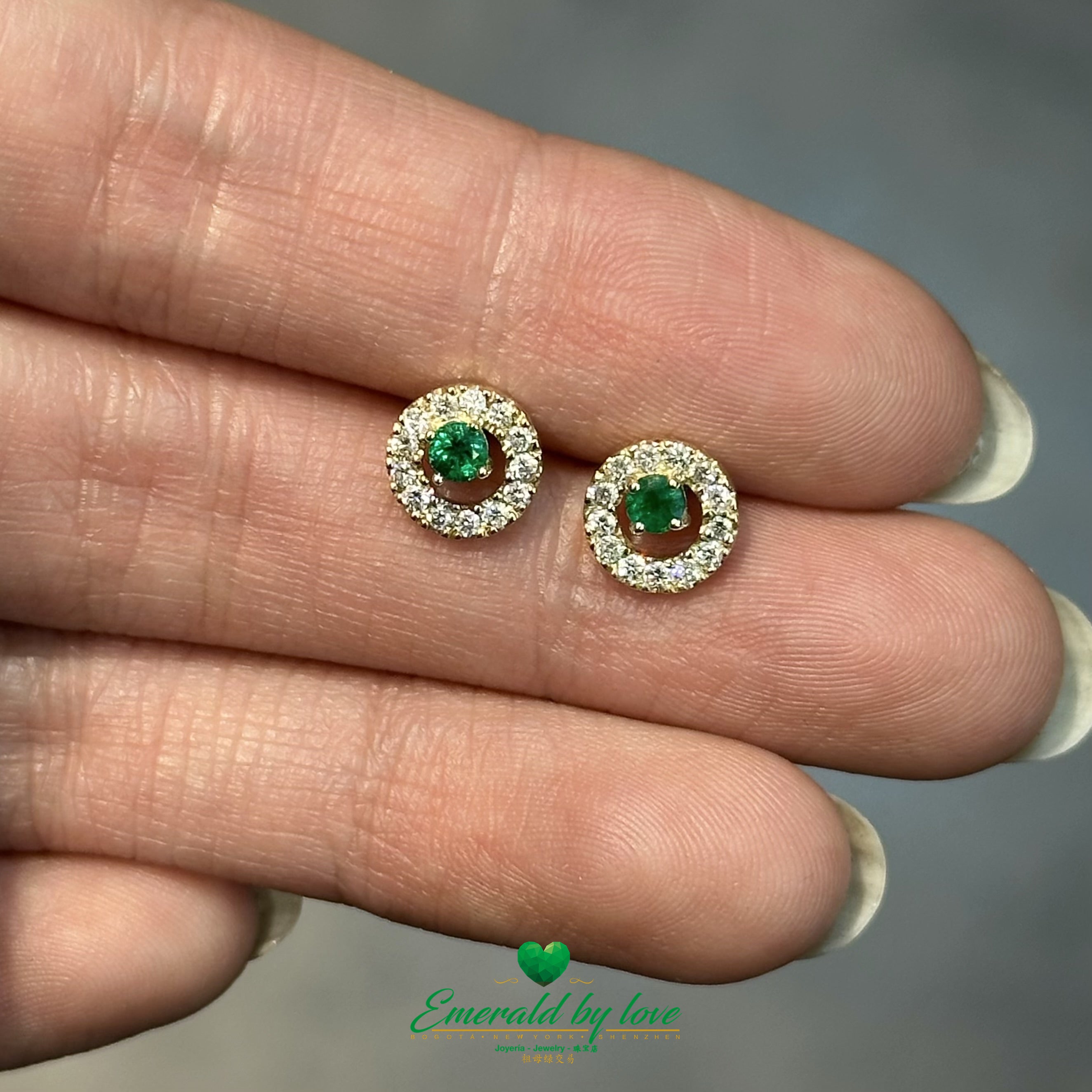 Round Emerald and Diamond Halo Earrings in 18K Yellow Gold
