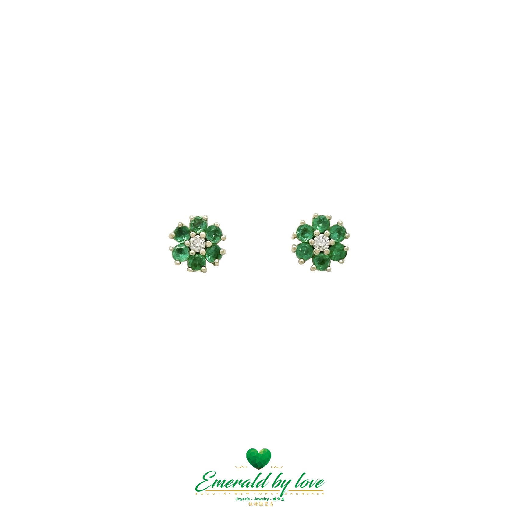 Six-Petal Flower Earrings with Central Diamond and Emerald Petals in 18K Gold