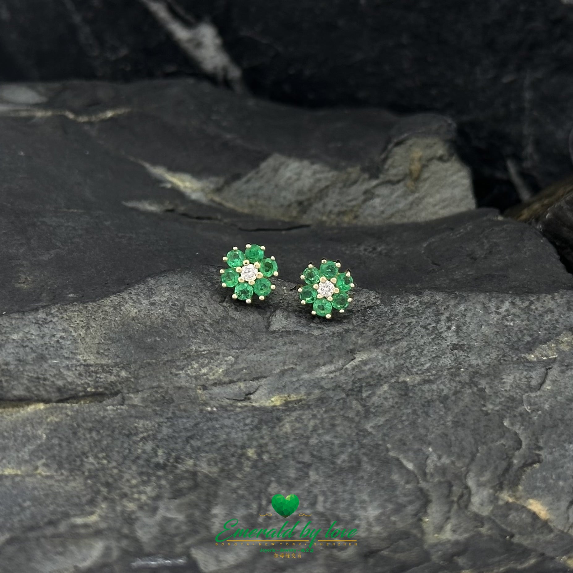 Six-Petal Flower Earrings with Central Diamond and Emerald Petals in 18K Gold