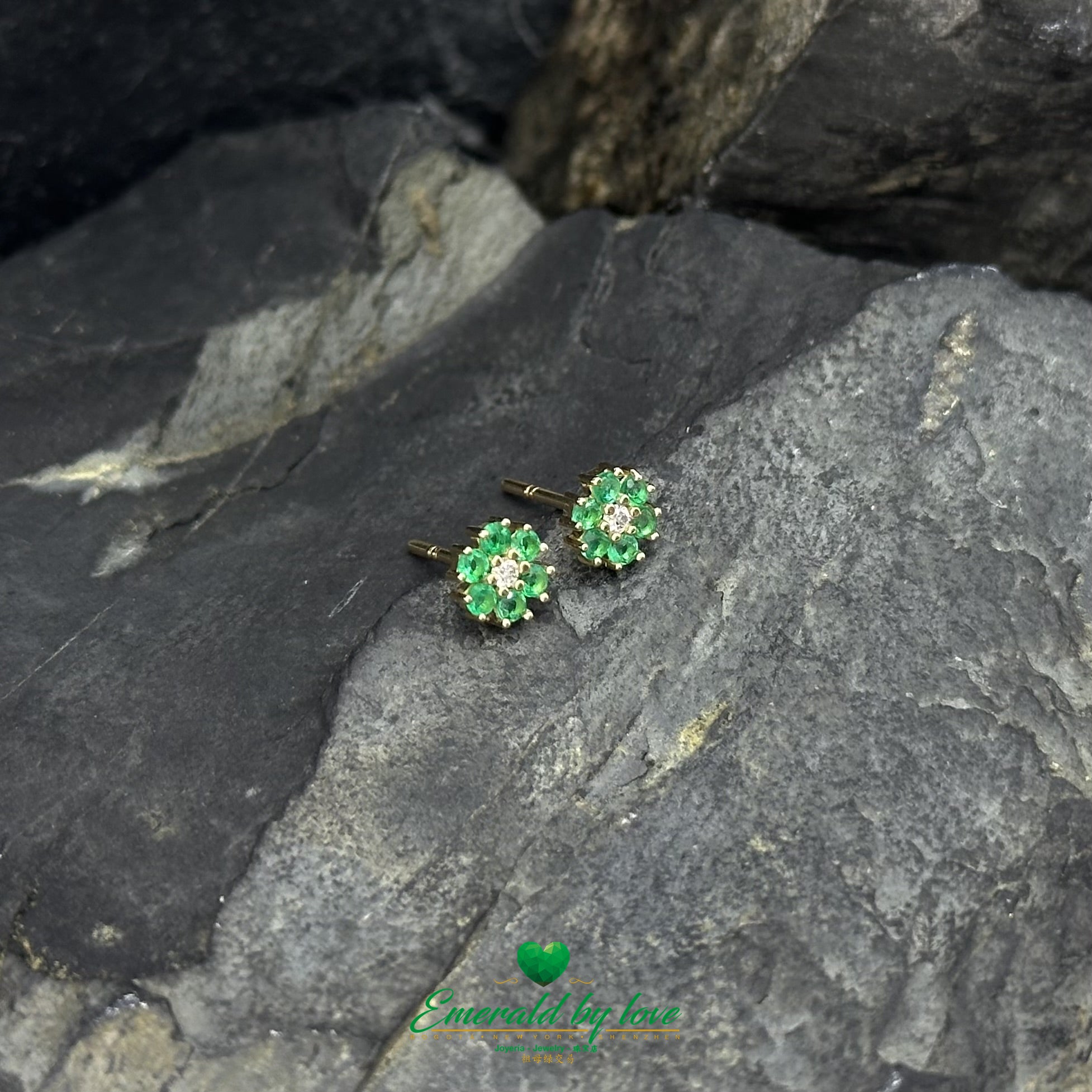 Six-Petal Flower Earrings with Central Diamond and Emerald Petals in 18K Gold