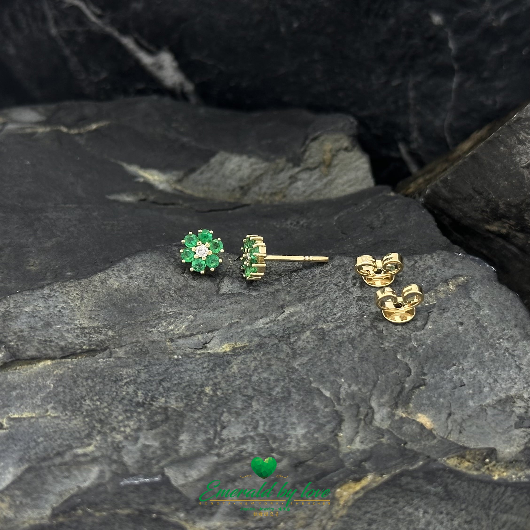 Six-Petal Flower Earrings with Central Diamond and Emerald Petals in 18K Gold
