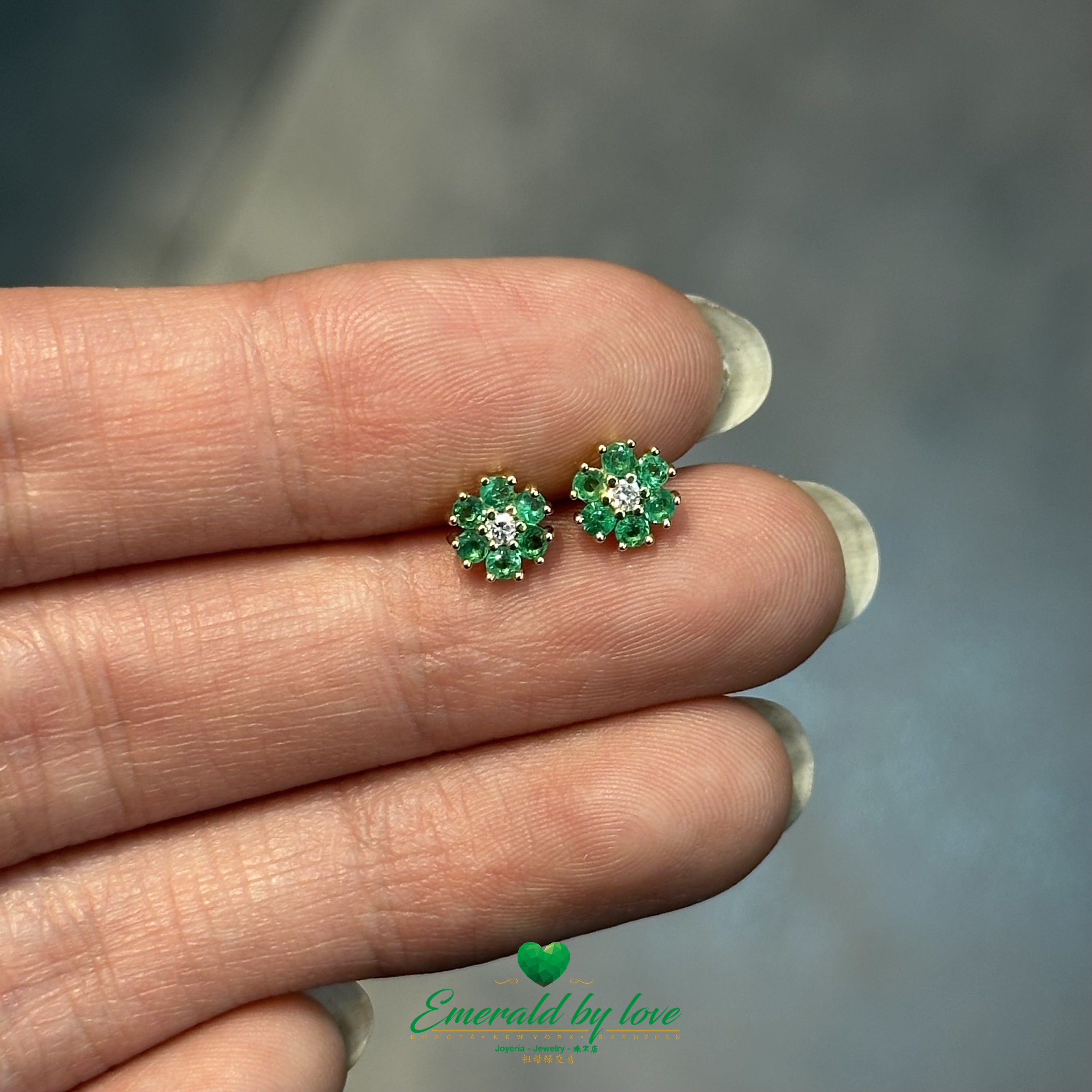Six-Petal Flower Earrings with Central Diamond and Emerald Petals in 18K Gold