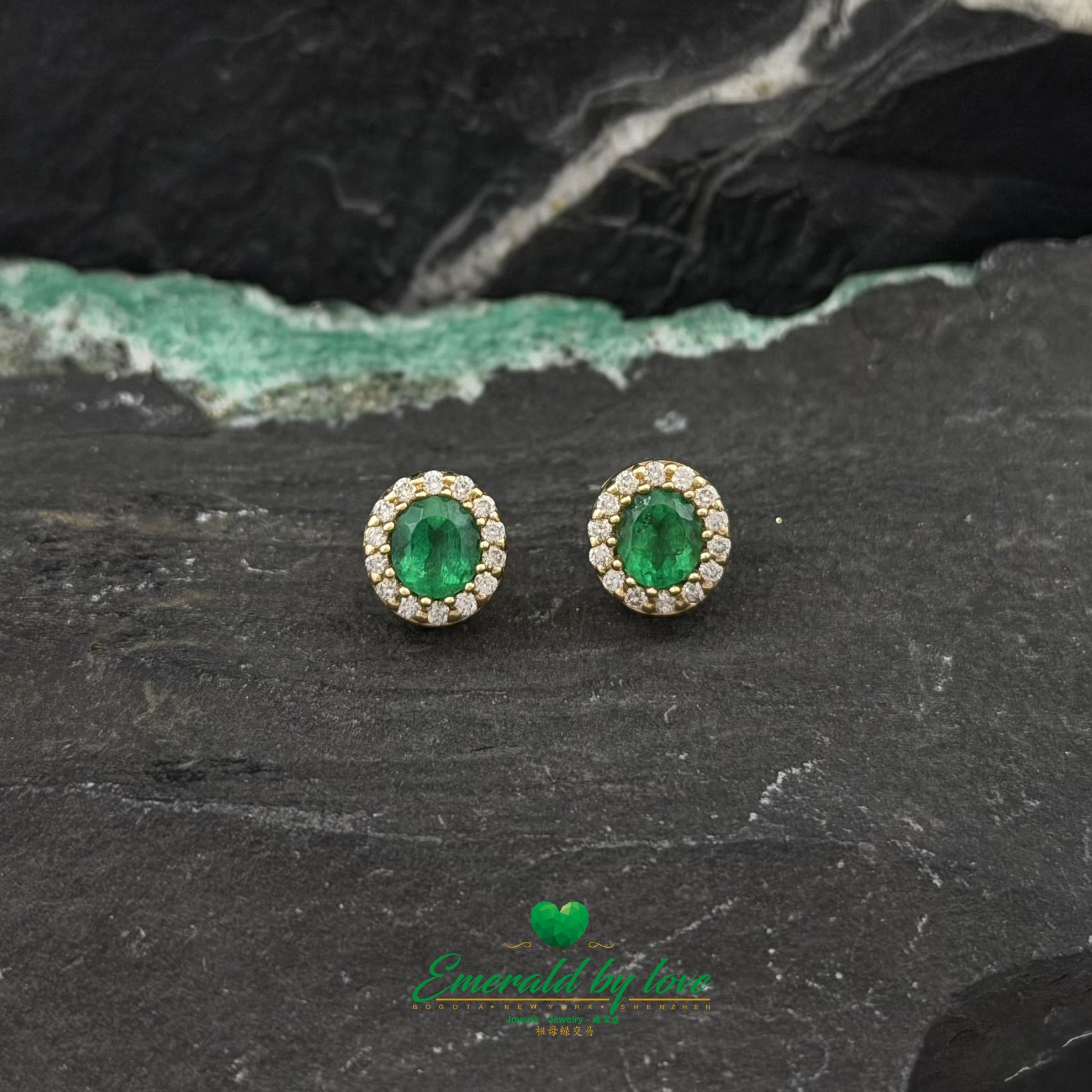 Yellow Gold Cluster Set with Oval Emeralds Surrounded by Diamonds