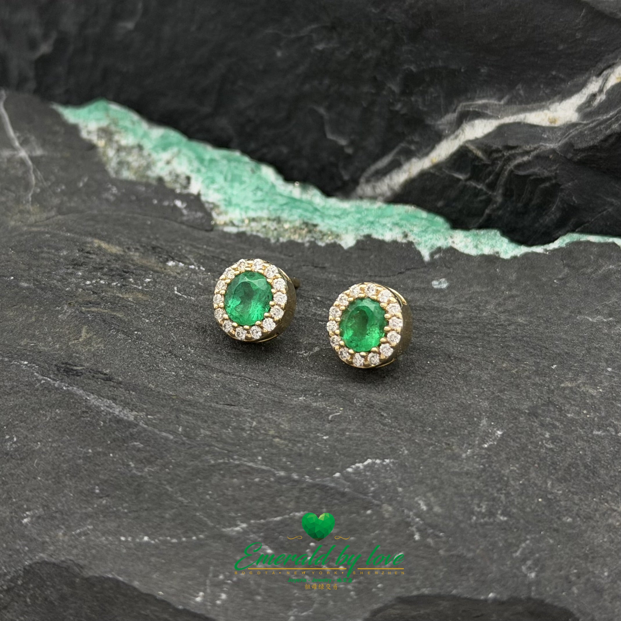 Yellow Gold Cluster Set with Oval Emeralds Surrounded by Diamonds