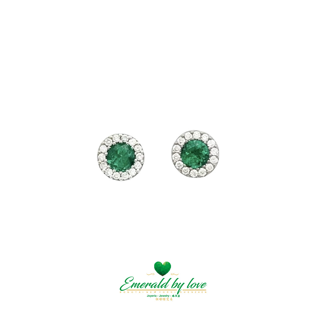White Gold Round Marquise Earrings with Emerald and Diamonds