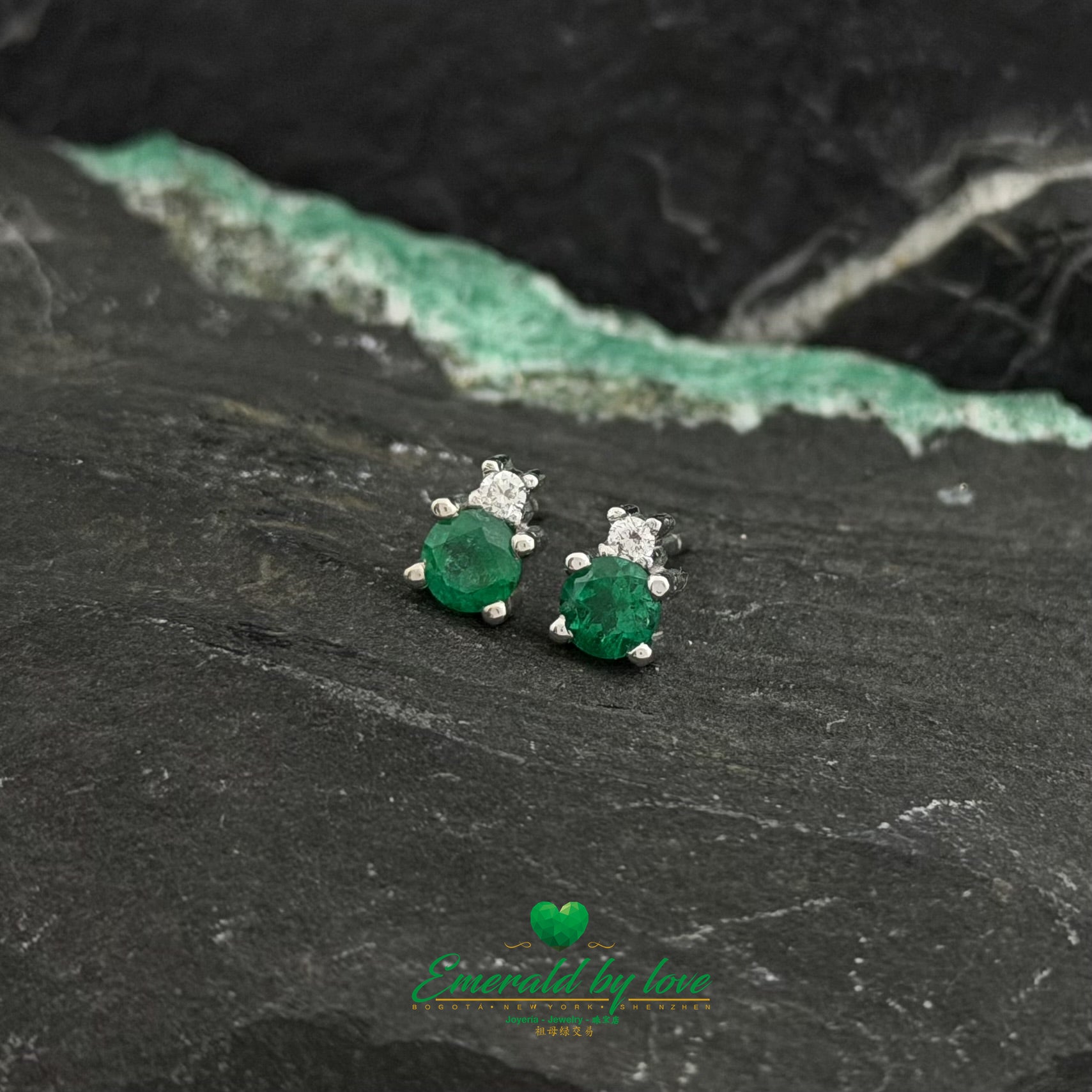 White Gold Stud Earrings with Round Emeralds and Diamond Accent