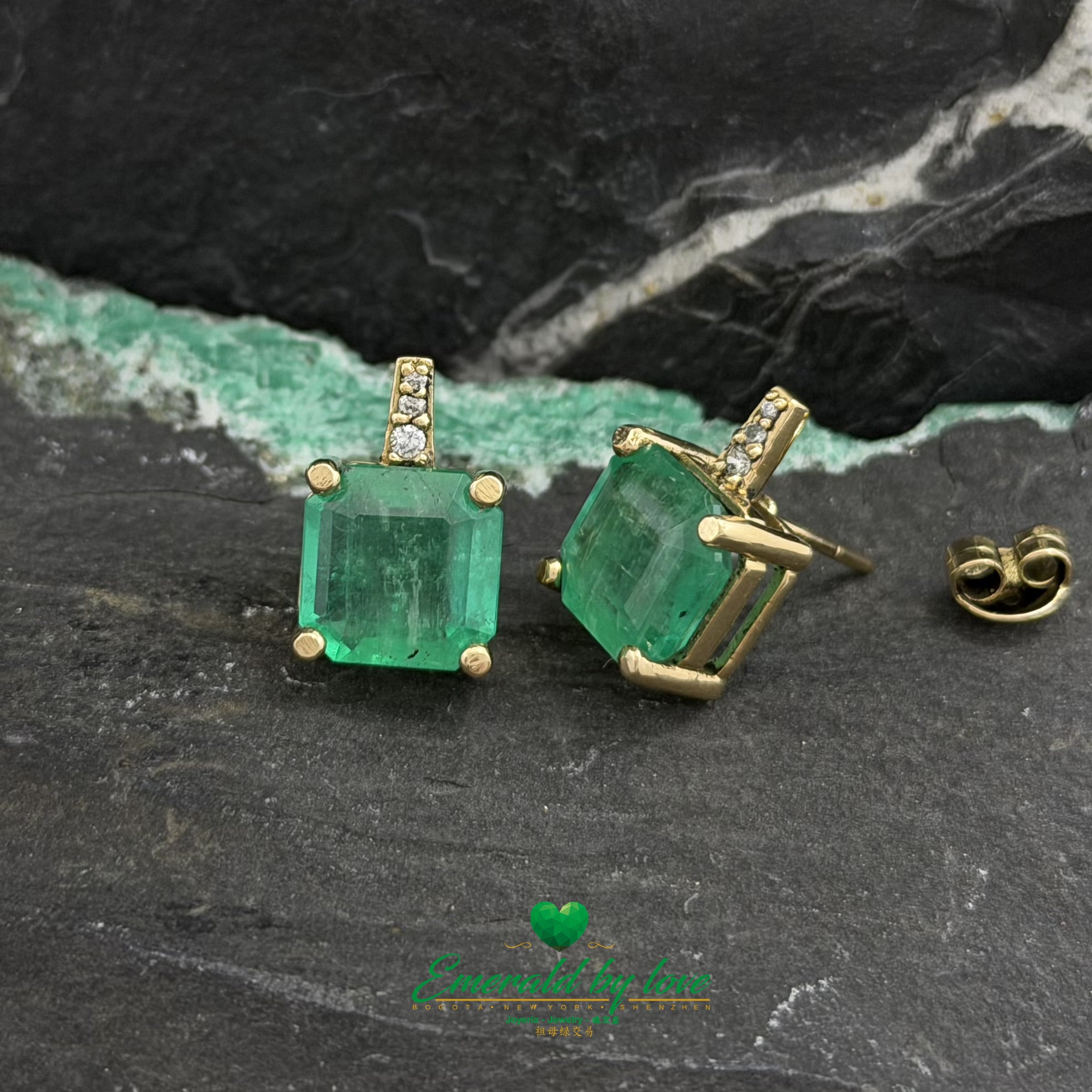 Elegant White Gold Earrings with Large Square Crystal Emeralds and Diamond Line