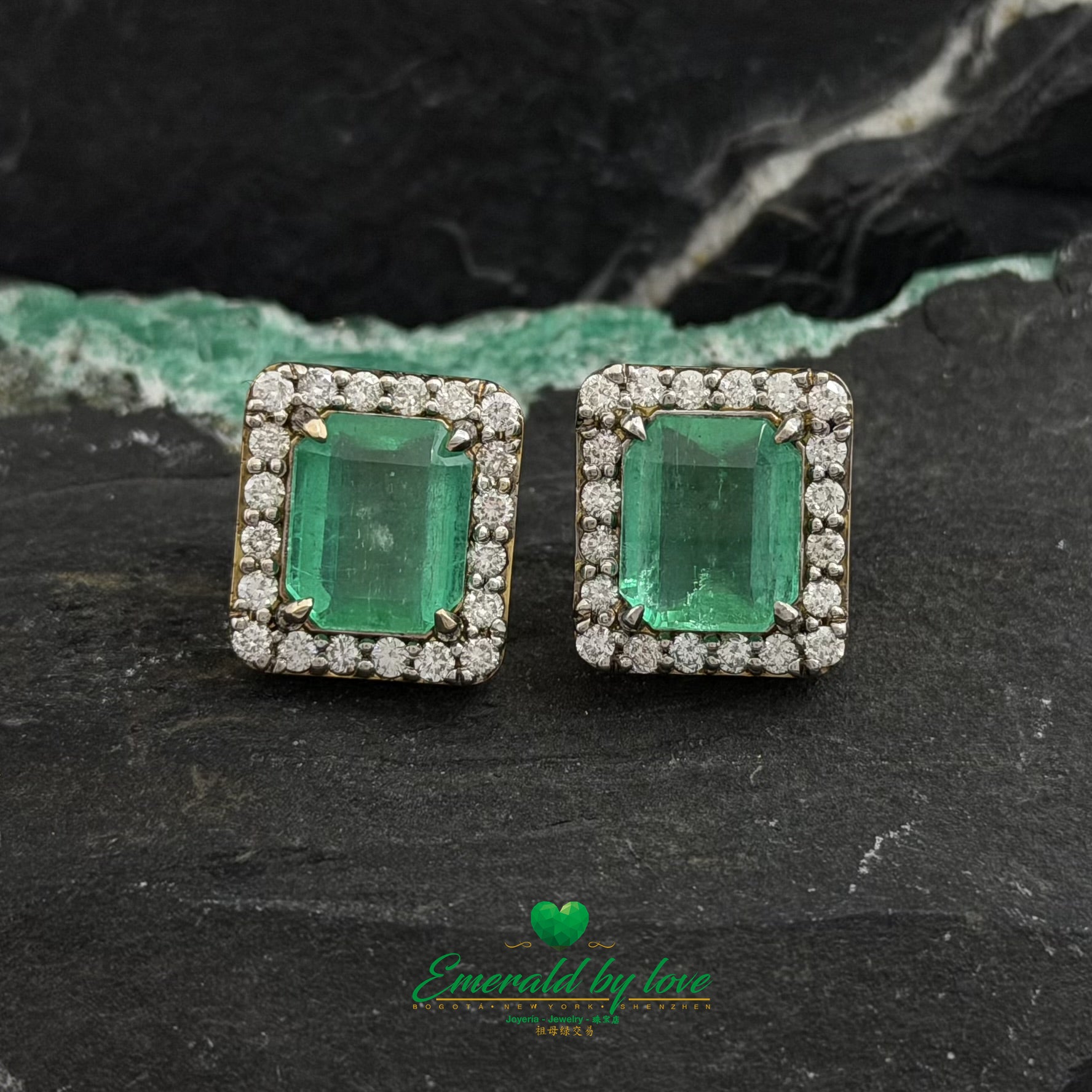 Cluster Earrings with 7.18 ct Large Emeralds and Diamonds