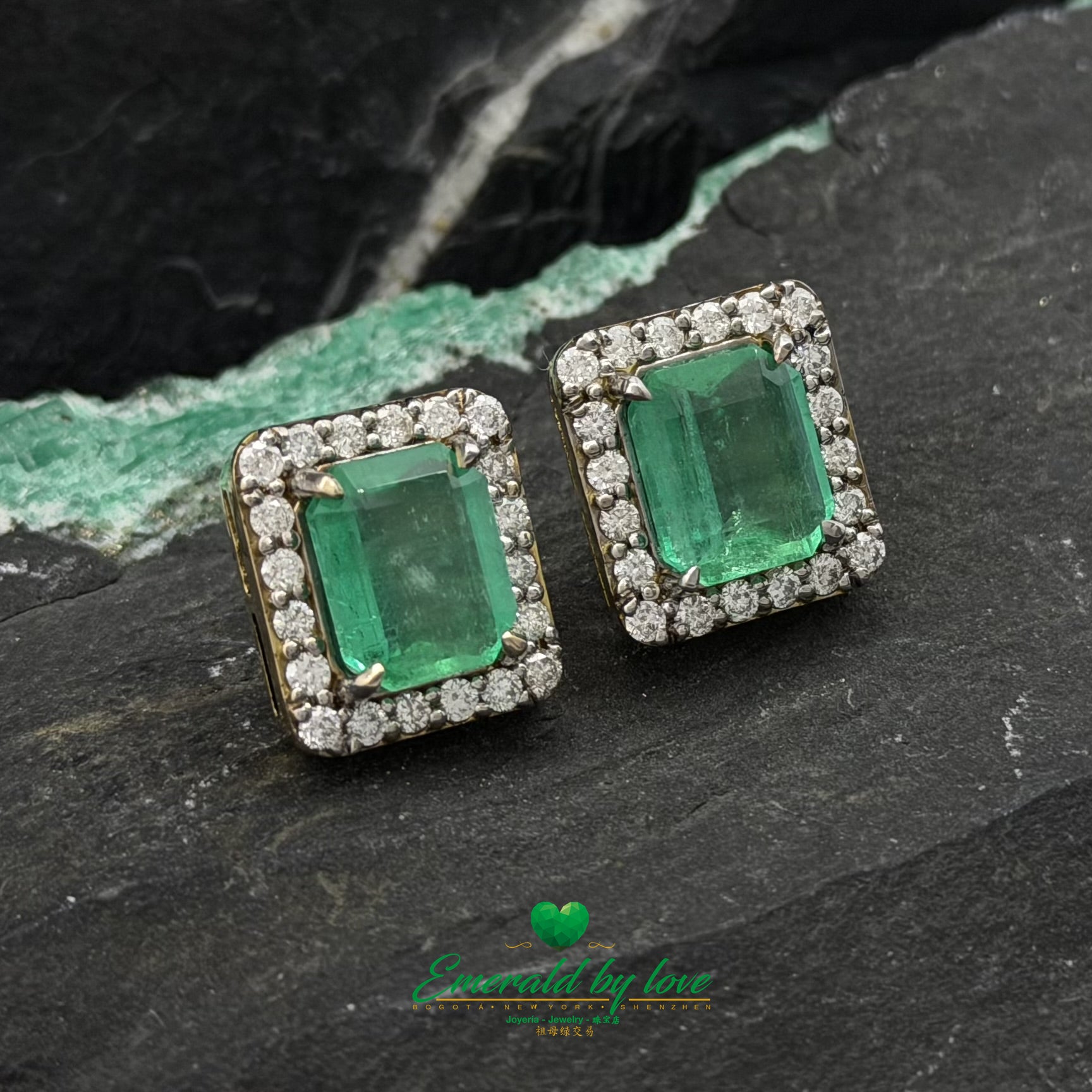 Cluster Earrings with 7.18 ct Large Emeralds and Diamonds
