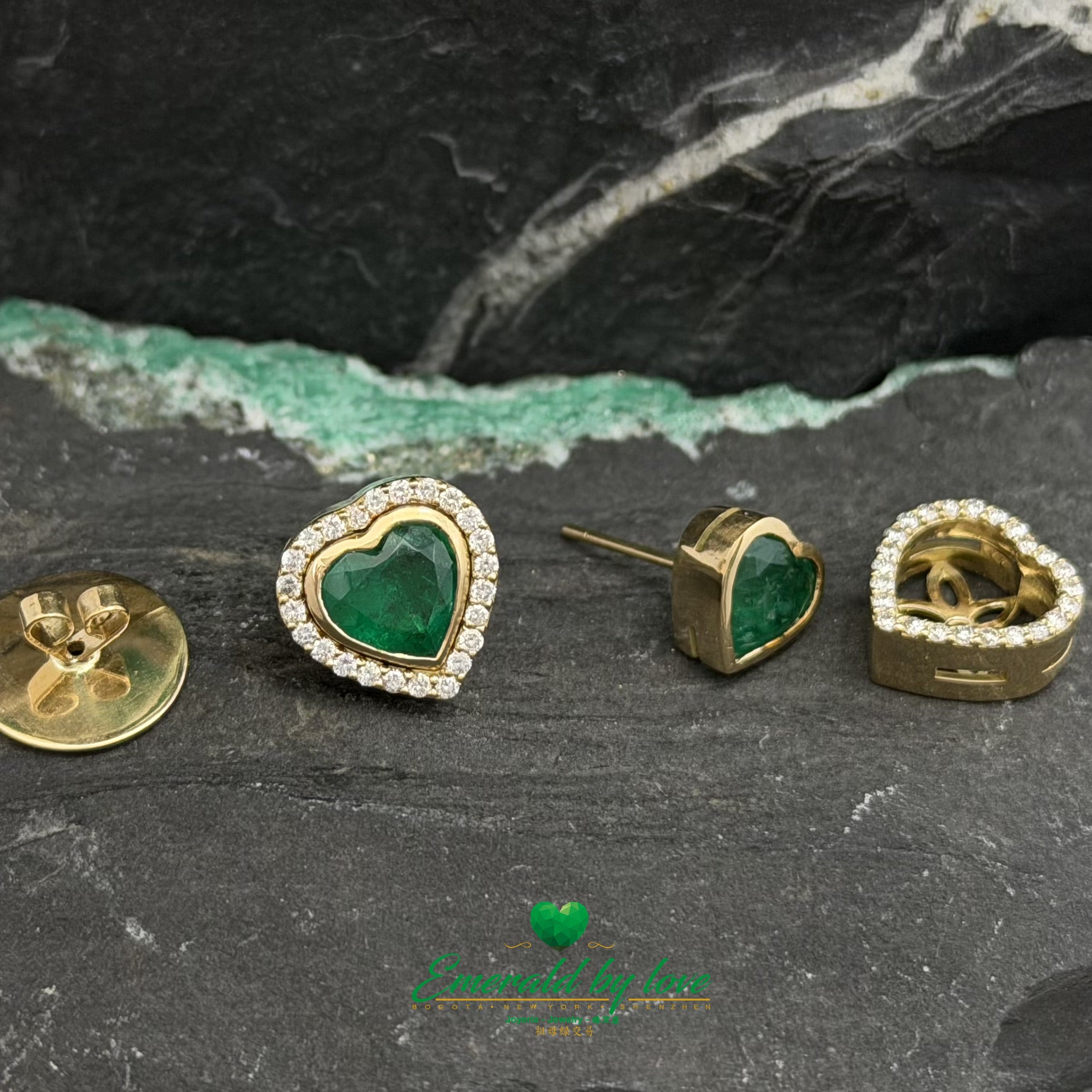 Yellow Gold Jacket Earrings with Bezel-Set Heart Emeralds and Diamonds