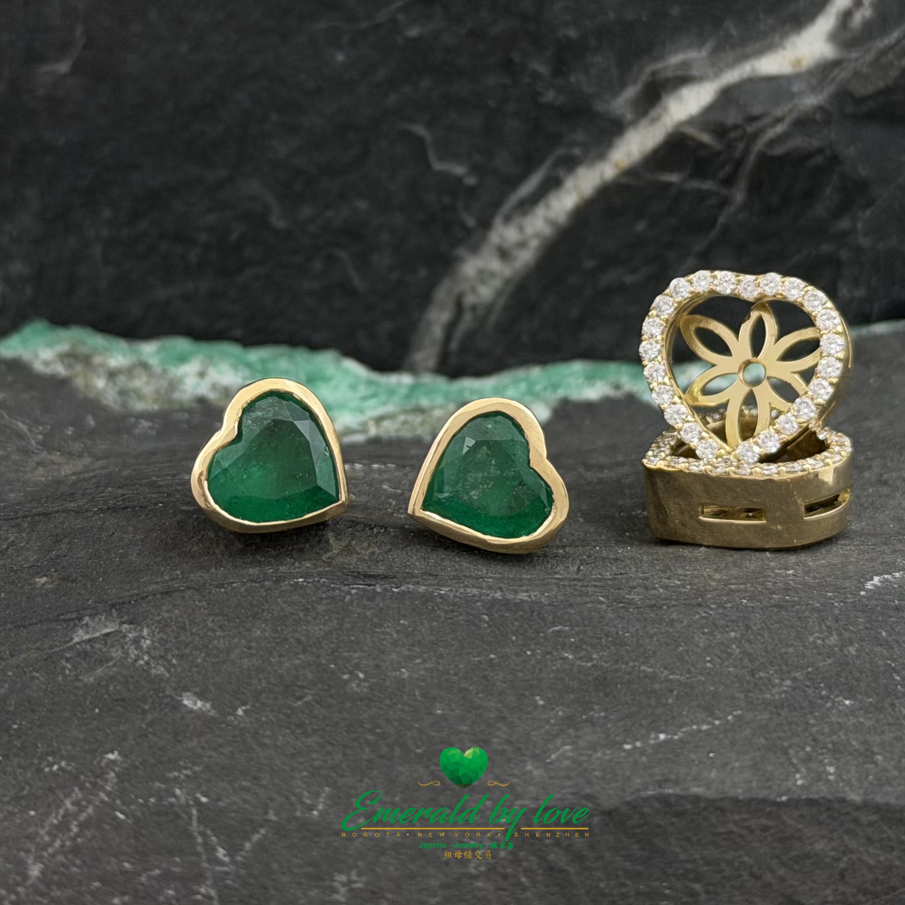Yellow Gold Jacket Earrings with Bezel-Set Heart Emeralds and Diamonds