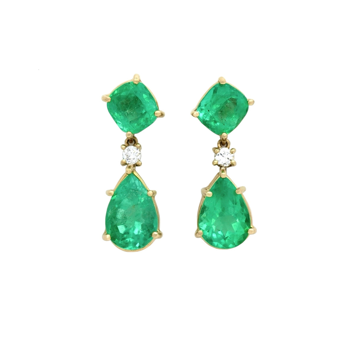 Yellow Gold Emerald Drop Earrings with Pear and Cushion-Cut Emeralds