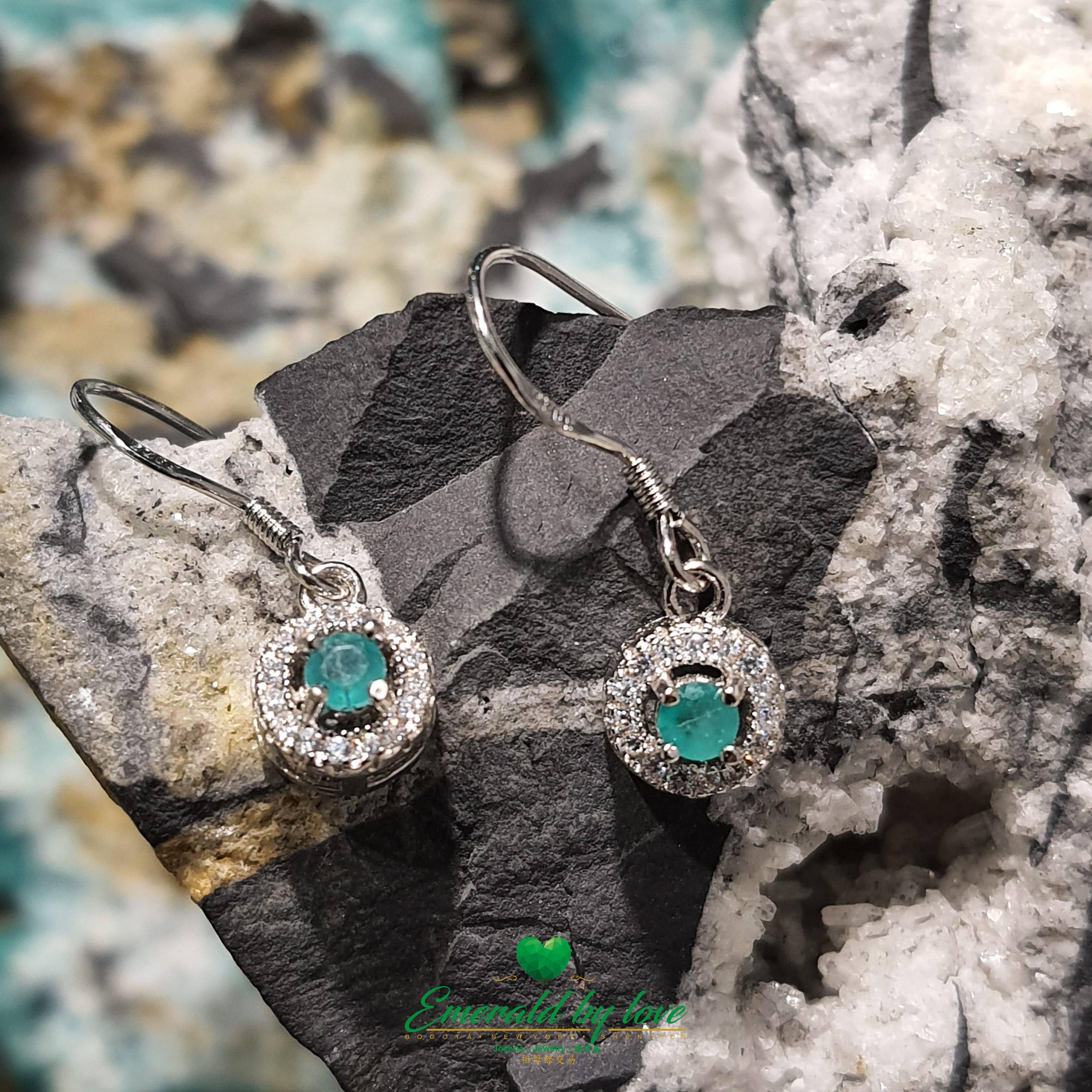 Long Silver Earrings with Round Marquise-Cut Colombian Emeralds